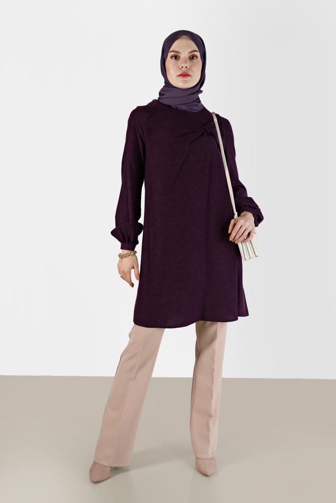 Tesettür giyim MOR KURDELE DETAYLI ARKADAN FERMUARLI TUNİK 42394  - ALVİNA