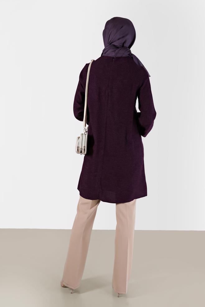 Tesettür giyim MOR KURDELE DETAYLI ARKADAN FERMUARLI TUNİK 42394  - ALVİNA