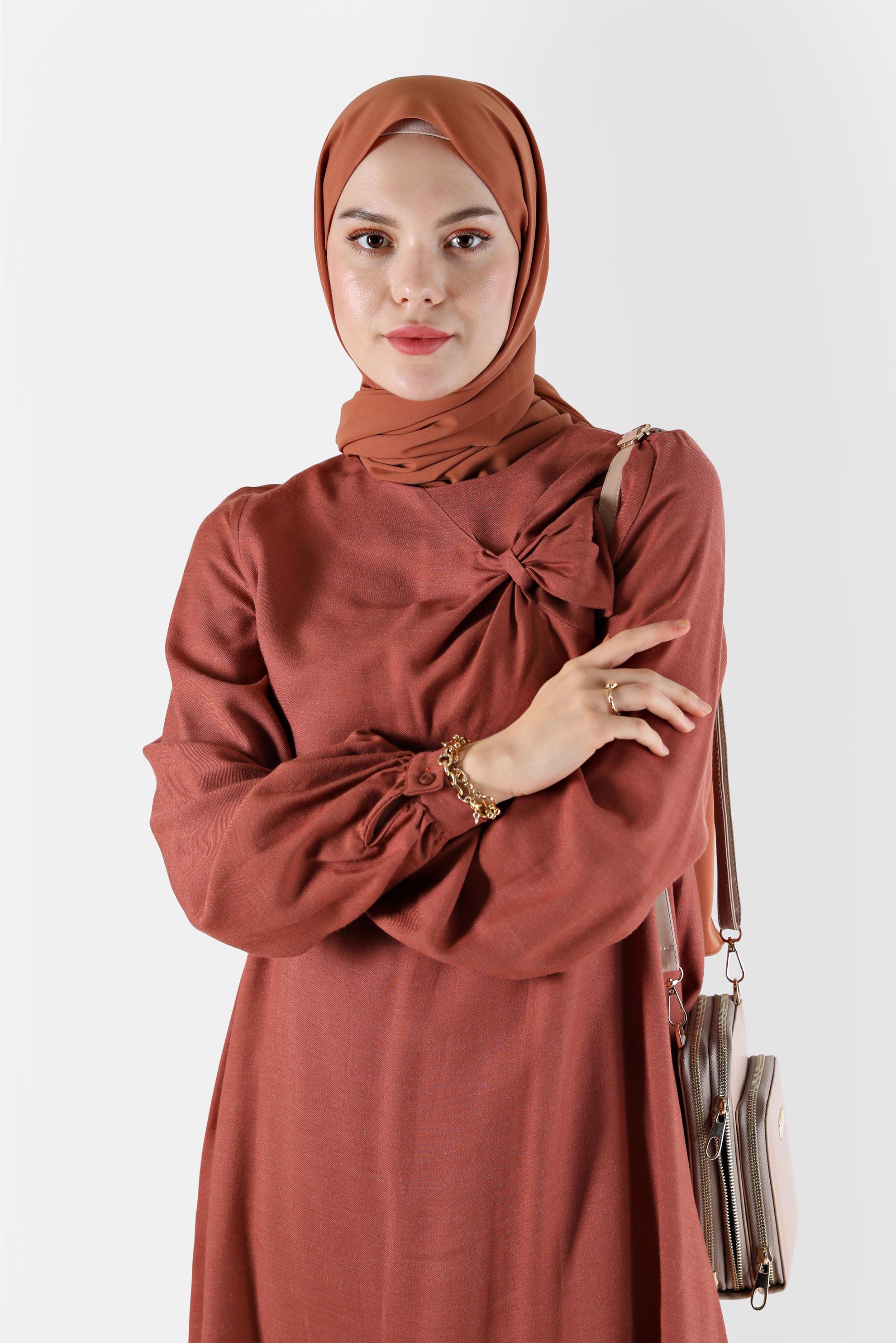 Tesettür giyim TURUNCU KURDELE DETAYLI ARKADAN FERMUARLI TUNİK 42394 