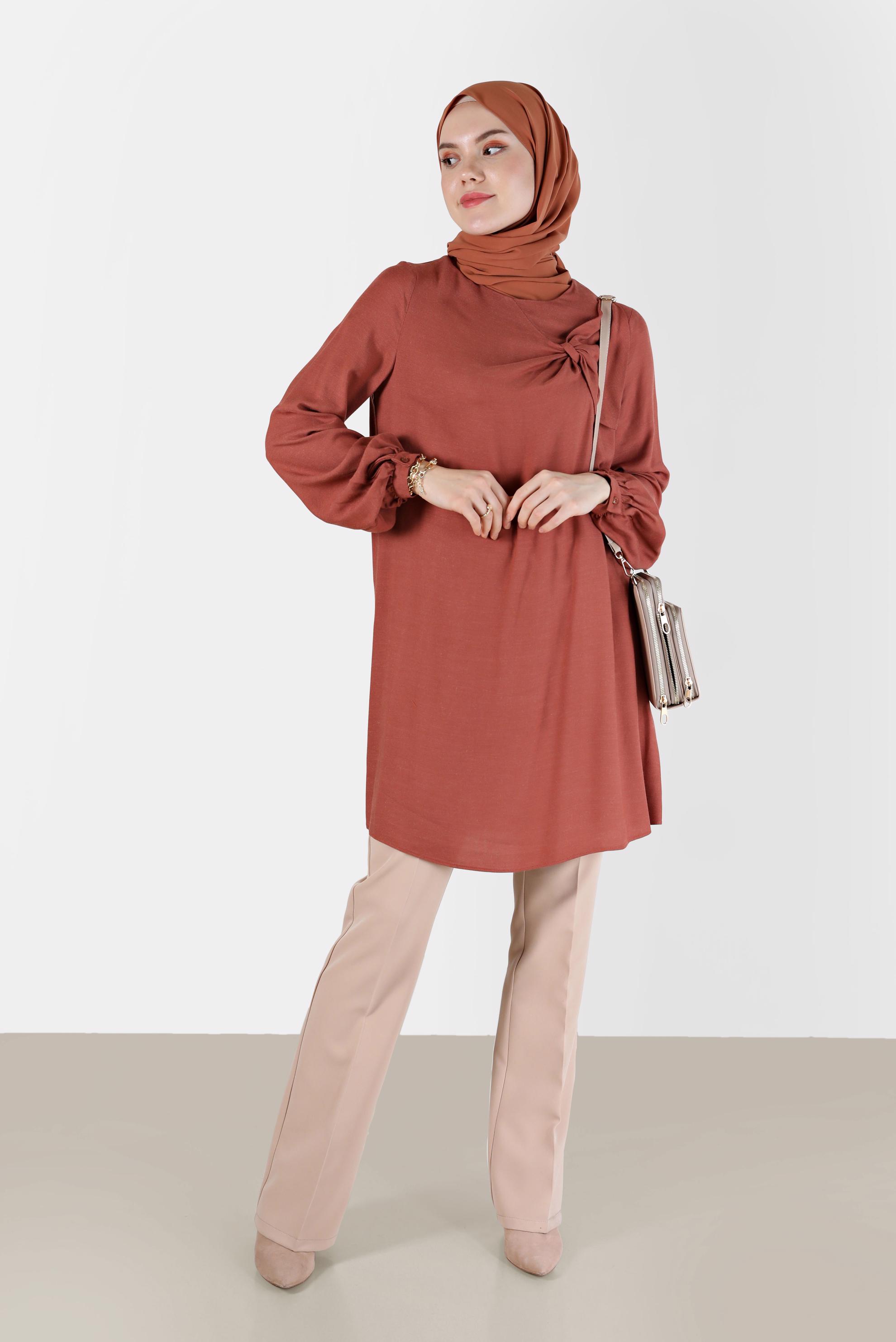 Tesettür giyim TURUNCU KURDELE DETAYLI ARKADAN FERMUARLI TUNİK 42394 