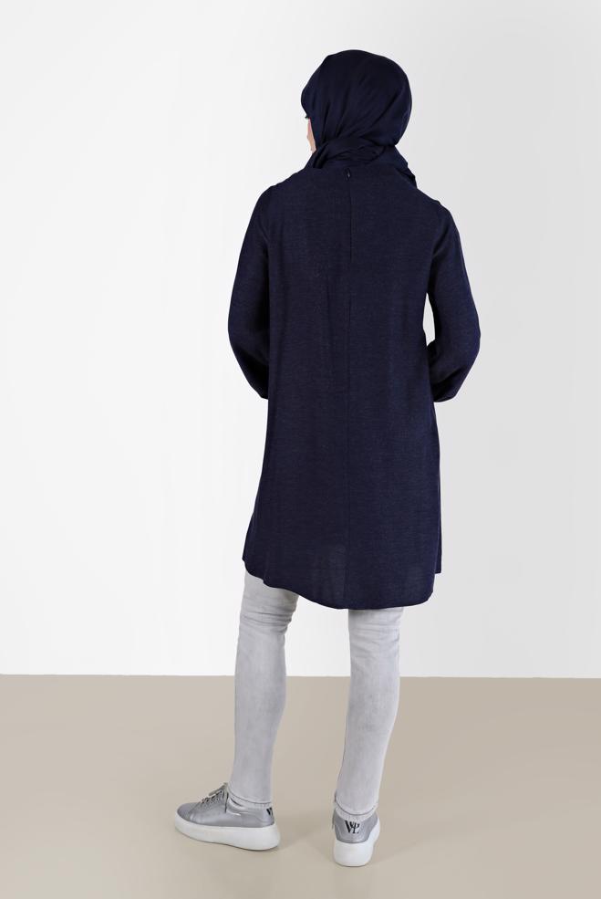 Tesettür giyim LACİVERT KURDELE DETAYLI ARKADAN FERMUARLI TUNİK 42394  - ALVİNA