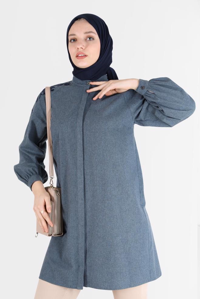 Tesettür giyim LACİVERT OMUZLARI NAKIŞLI GİZLİ DÜĞMELİ TUNİK 42395  - ALVİNA
