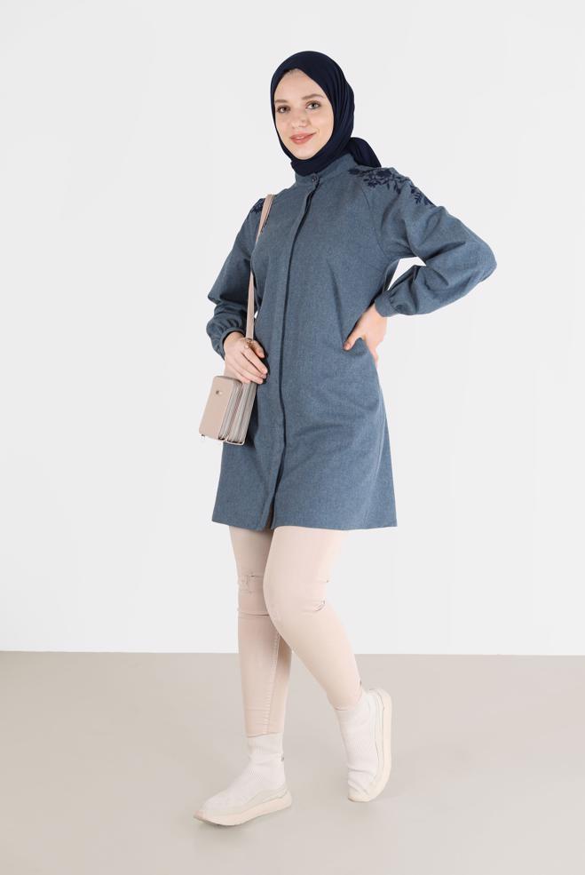 Tesettür giyim LACİVERT OMUZLARI NAKIŞLI GİZLİ DÜĞMELİ TUNİK 42395  - ALVİNA