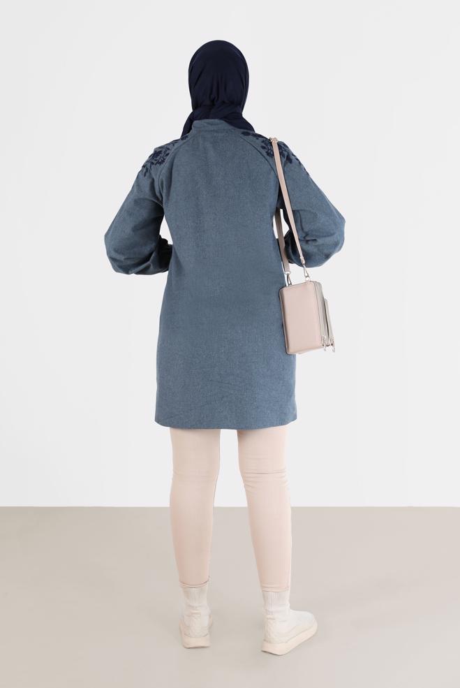 Tesettür giyim LACİVERT OMUZLARI NAKIŞLI GİZLİ DÜĞMELİ TUNİK 42395  - ALVİNA