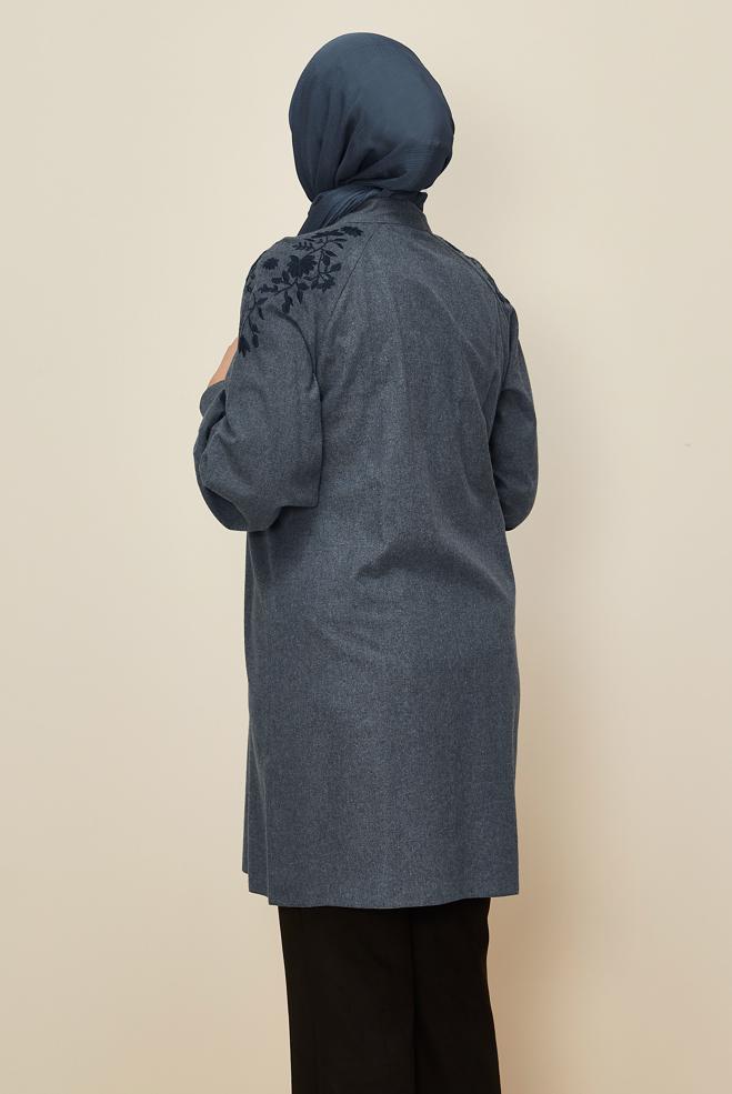 Tesettür giyim LACİVERT OMUZLARI NAKIŞLI GİZLİ DÜĞMELİ TUNİK 42395  - ALVİNA