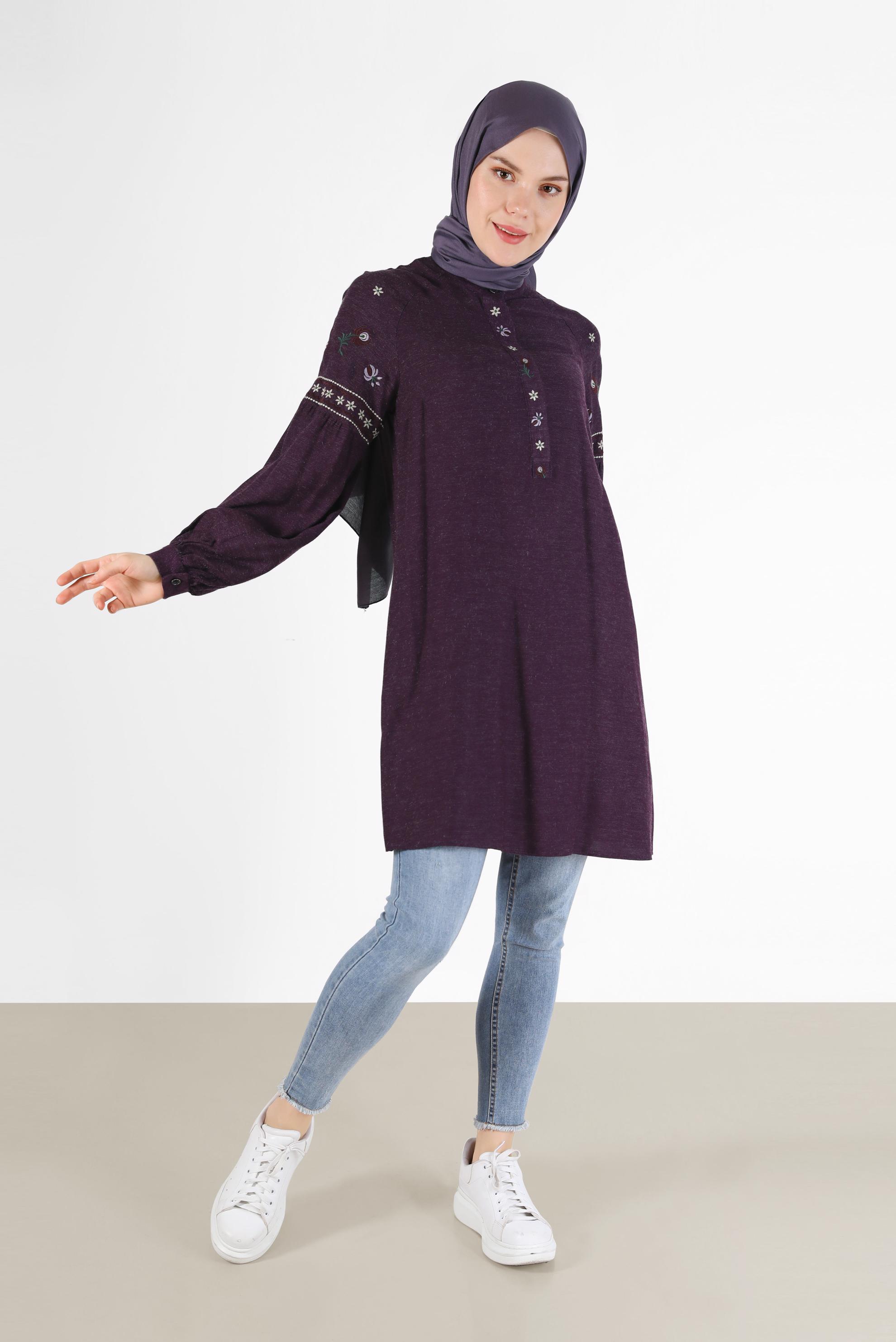 Tesettür giyim MOR İŞLEME DETAYLI GİZLİ DÜĞMELİ TUNİK 42396 