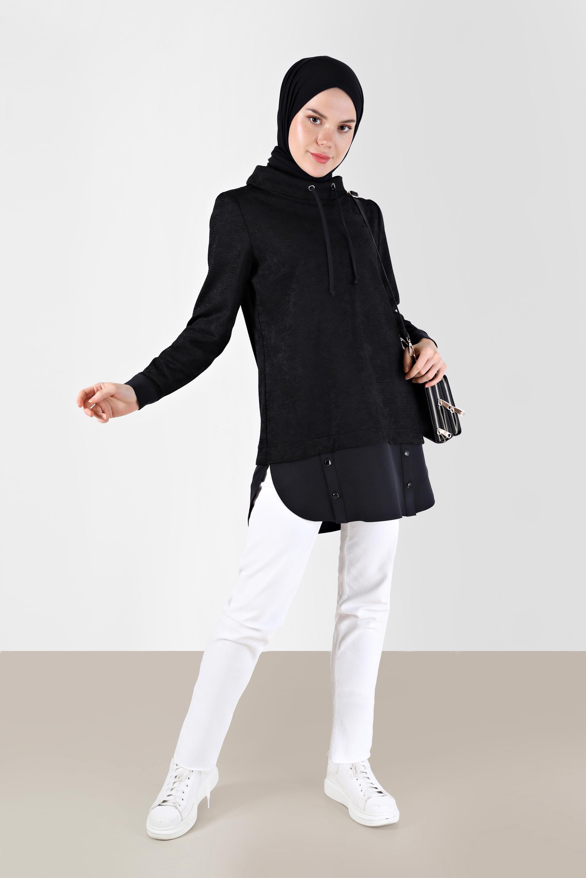 Tesettür giyim SİYAH GÖMLEK PARÇA DETAYLI DEGAJE YAKA ŞÖNİL KADİFE TUNİK 42397 