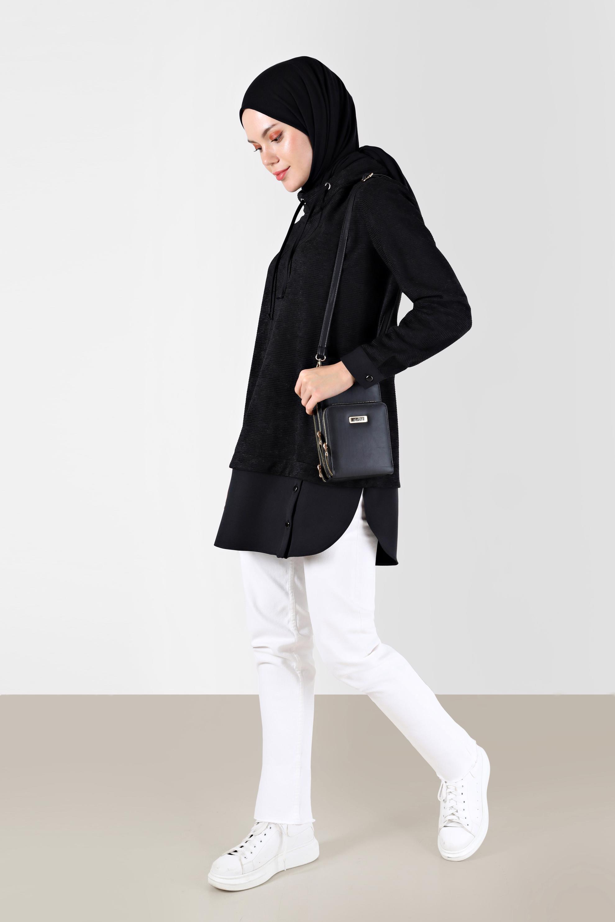 Tesettür giyim SİYAH GÖMLEK PARÇA DETAYLI DEGAJE YAKA ŞÖNİL KADİFE TUNİK 42397 