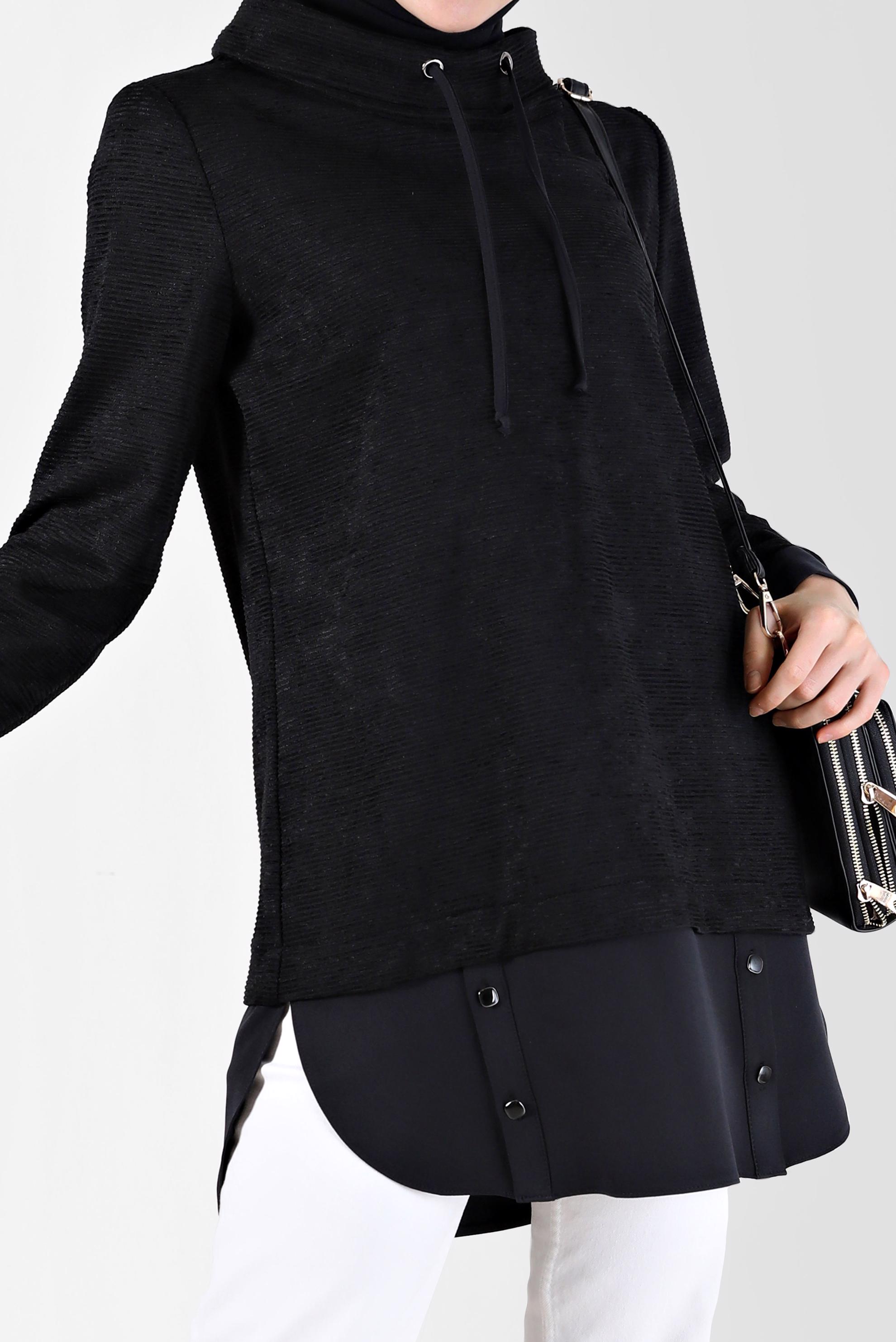 Tesettür giyim SİYAH GÖMLEK PARÇA DETAYLI DEGAJE YAKA ŞÖNİL KADİFE TUNİK 42397 