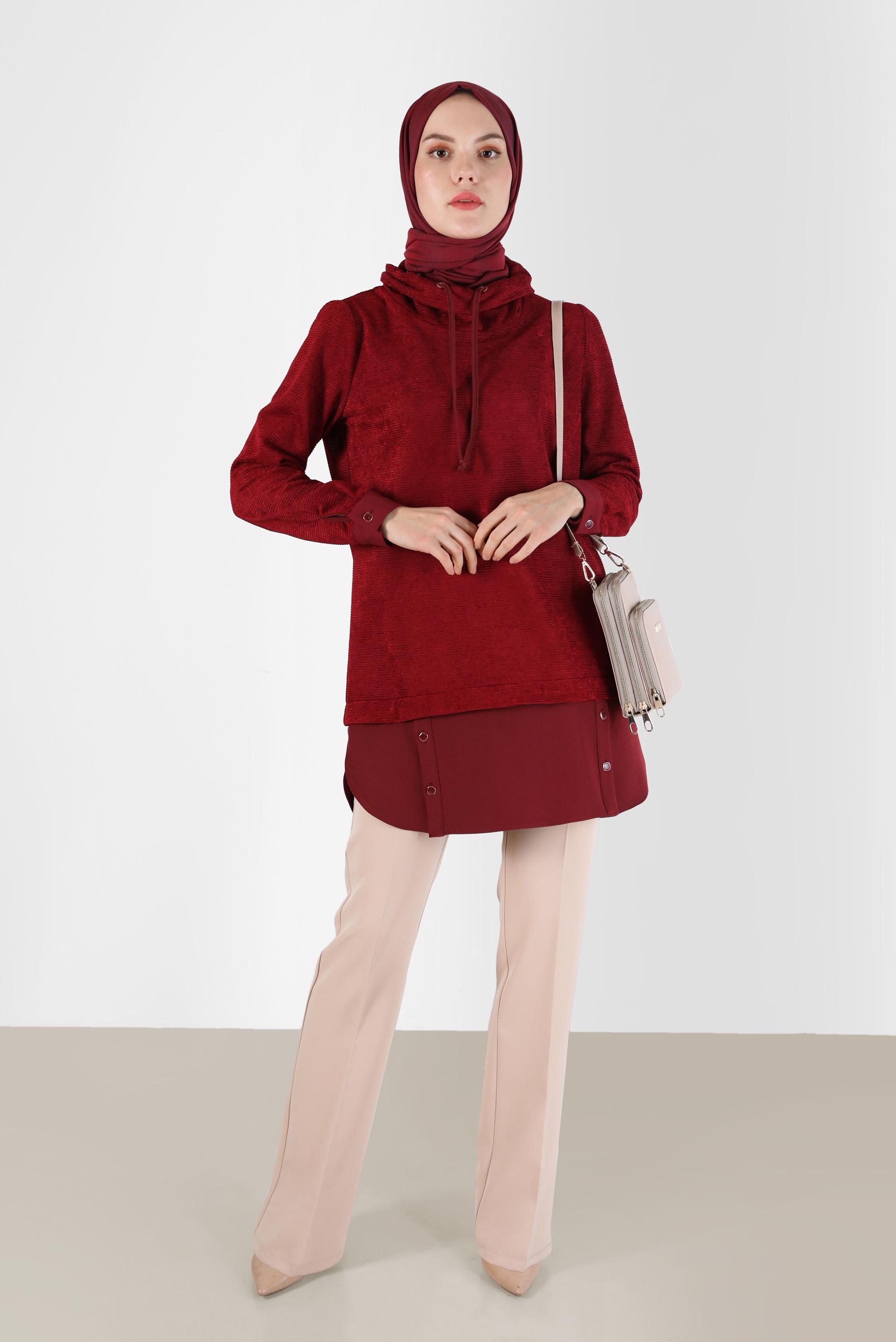 Tesettür giyim BORDO GÖMLEK PARÇA DETAYLI DEGAJE YAKA ŞÖNİL KADİFE TUNİK 42397 