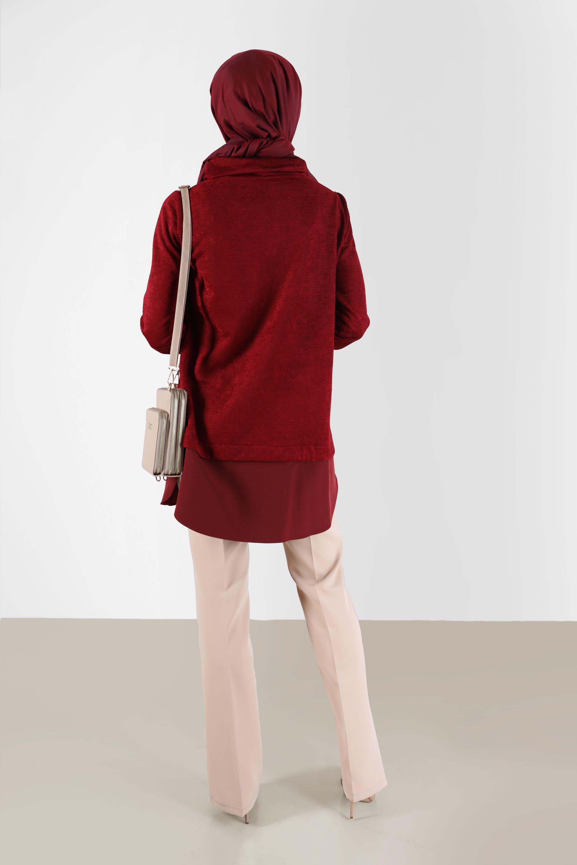 Tesettür giyim BORDO GÖMLEK PARÇA DETAYLI DEGAJE YAKA ŞÖNİL KADİFE TUNİK 42397 