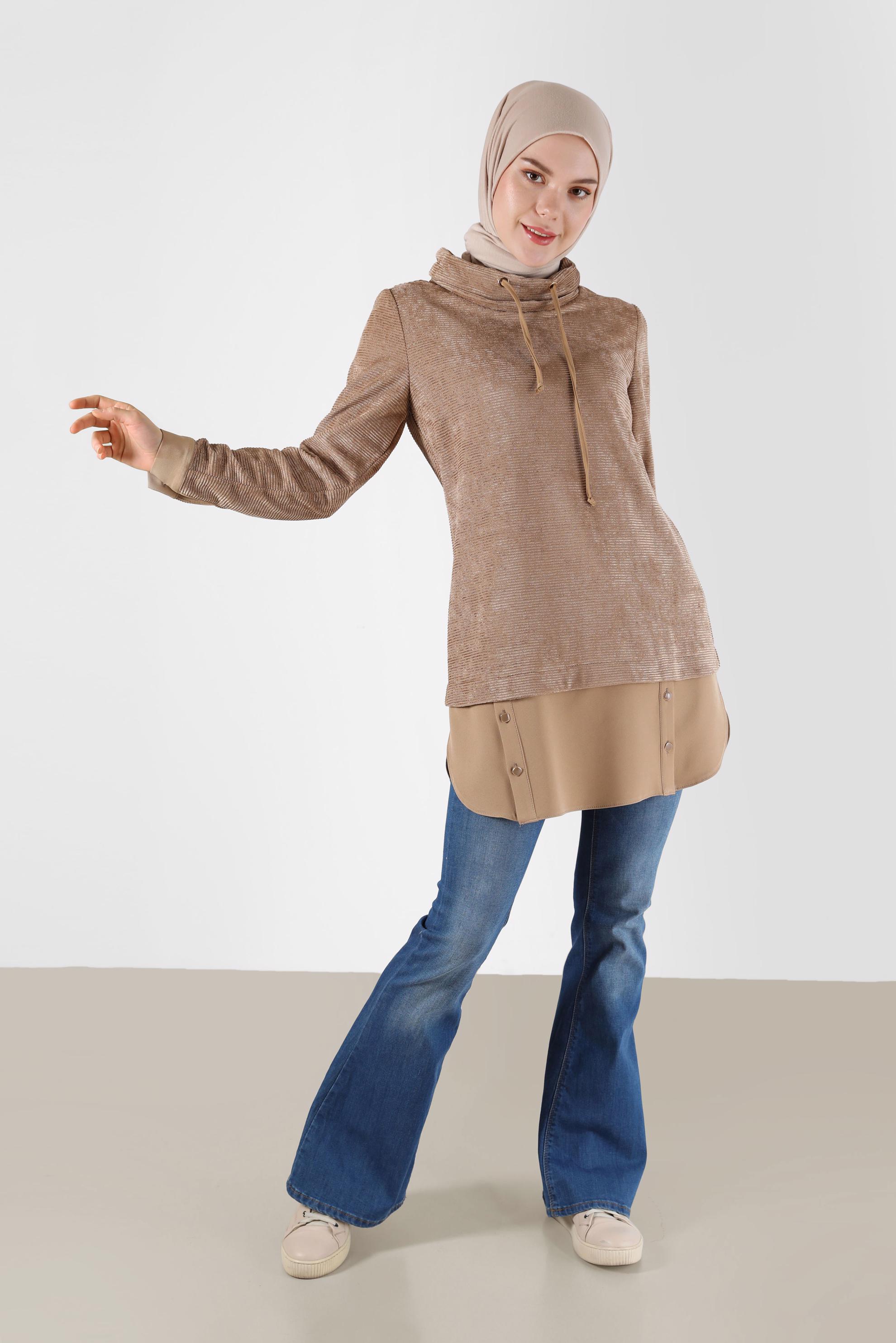 Tesettür giyim KAHVE GÖMLEK PARÇA DETAYLI DEGAJE YAKA ŞÖNİL KADİFE TUNİK 42397 