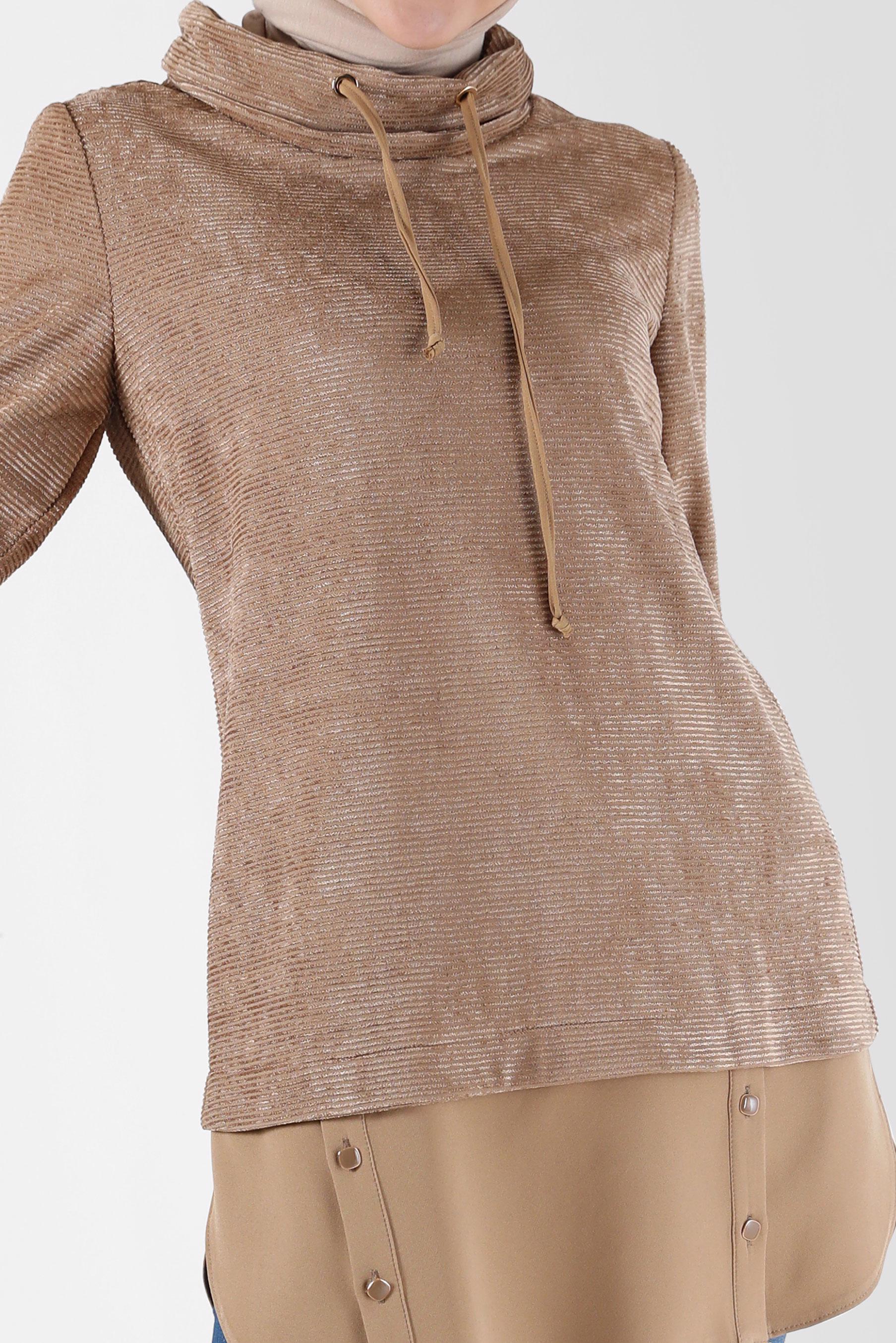 Tesettür giyim KAHVE GÖMLEK PARÇA DETAYLI DEGAJE YAKA ŞÖNİL KADİFE TUNİK 42397 