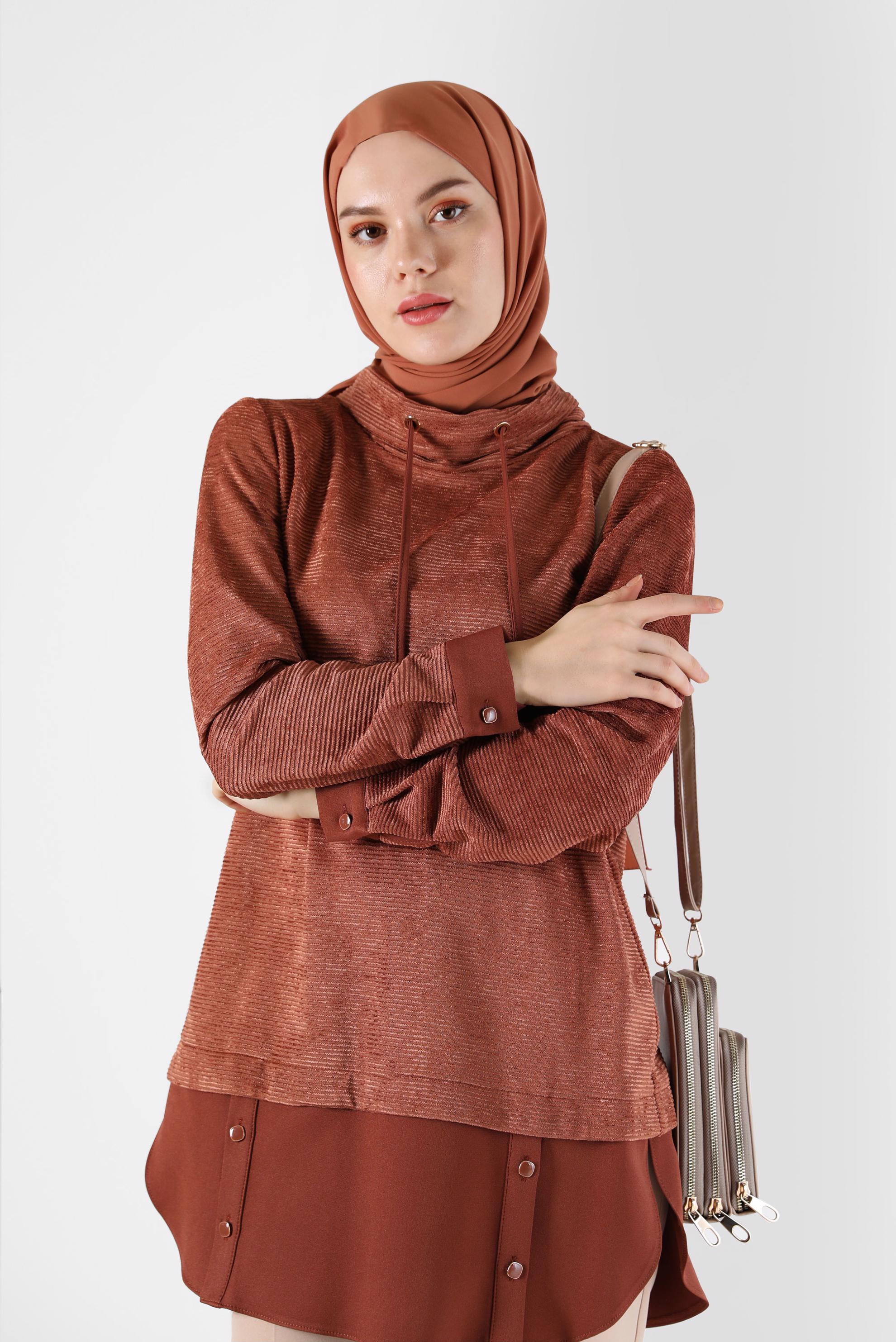 Tesettür giyim TURUNCU GÖMLEK PARÇA DETAYLI DEGAJE YAKA ŞÖNİL KADİFE TUNİK 42397 