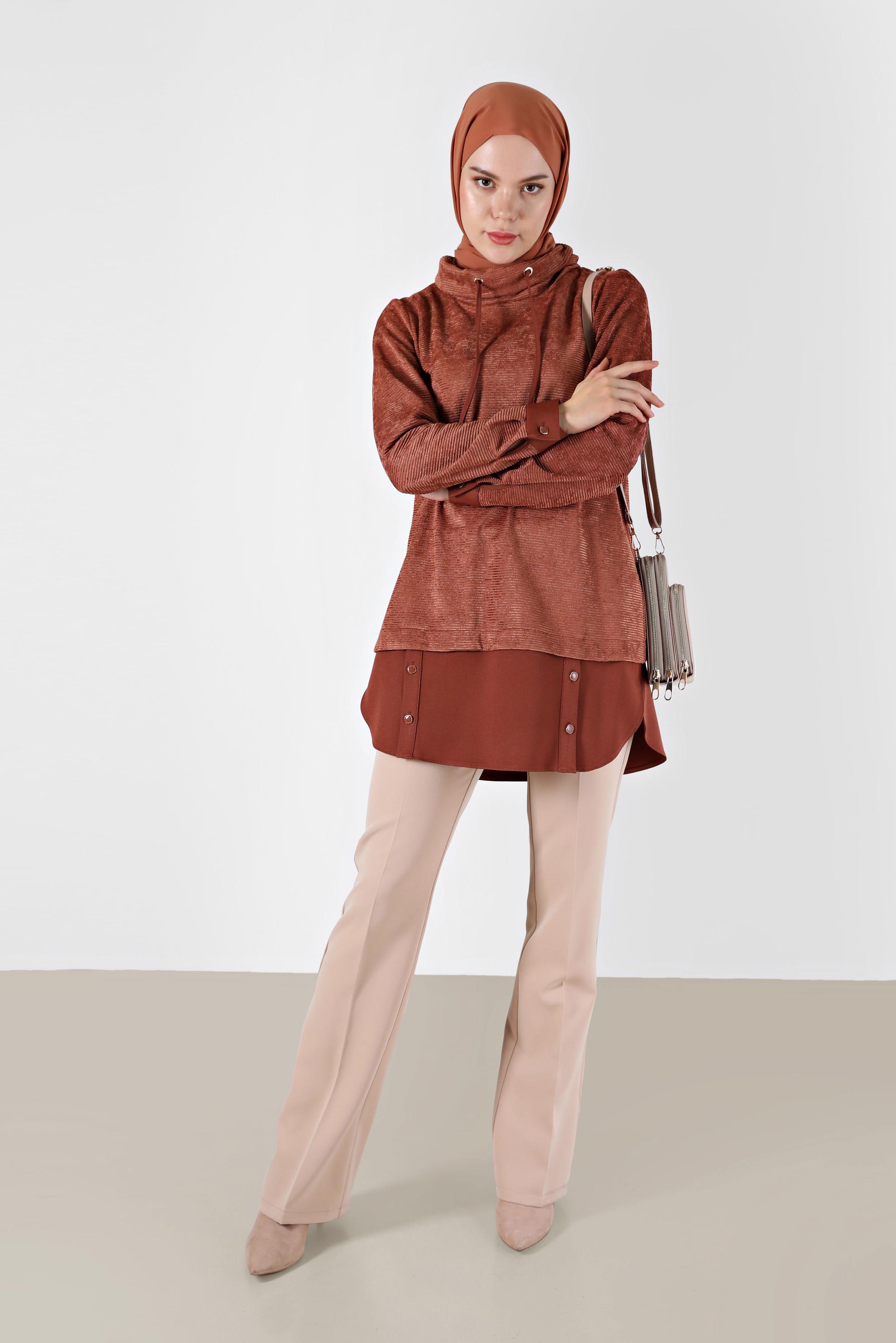 Tesettür giyim TURUNCU GÖMLEK PARÇA DETAYLI DEGAJE YAKA ŞÖNİL KADİFE TUNİK 42397 