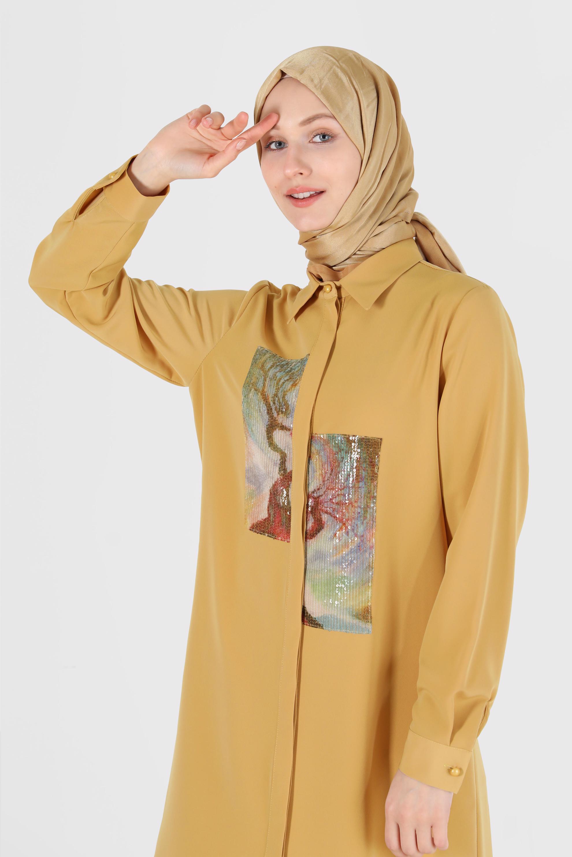 Tesettür giyim SARI PUL PAYET DETAYLI DESENLİ TUNİK 42399 