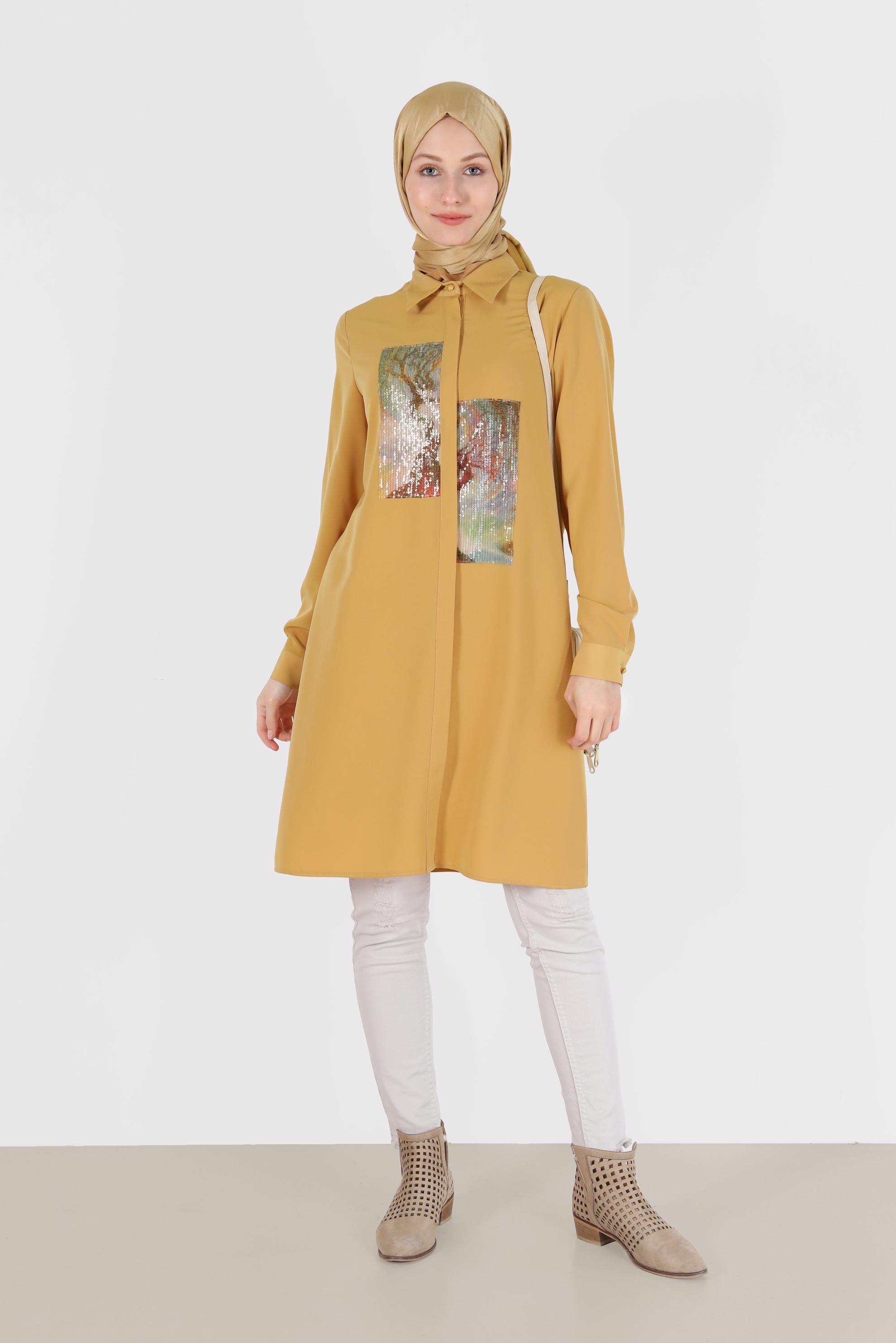 Tesettür giyim SARI PUL PAYET DETAYLI DESENLİ TUNİK 42399 