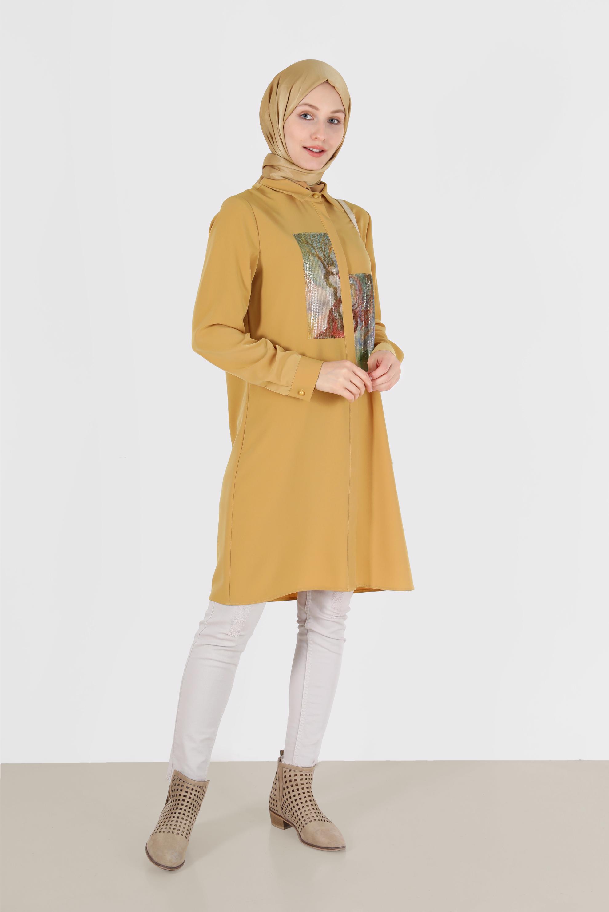 Tesettür giyim SARI PUL PAYET DETAYLI DESENLİ TUNİK 42399 