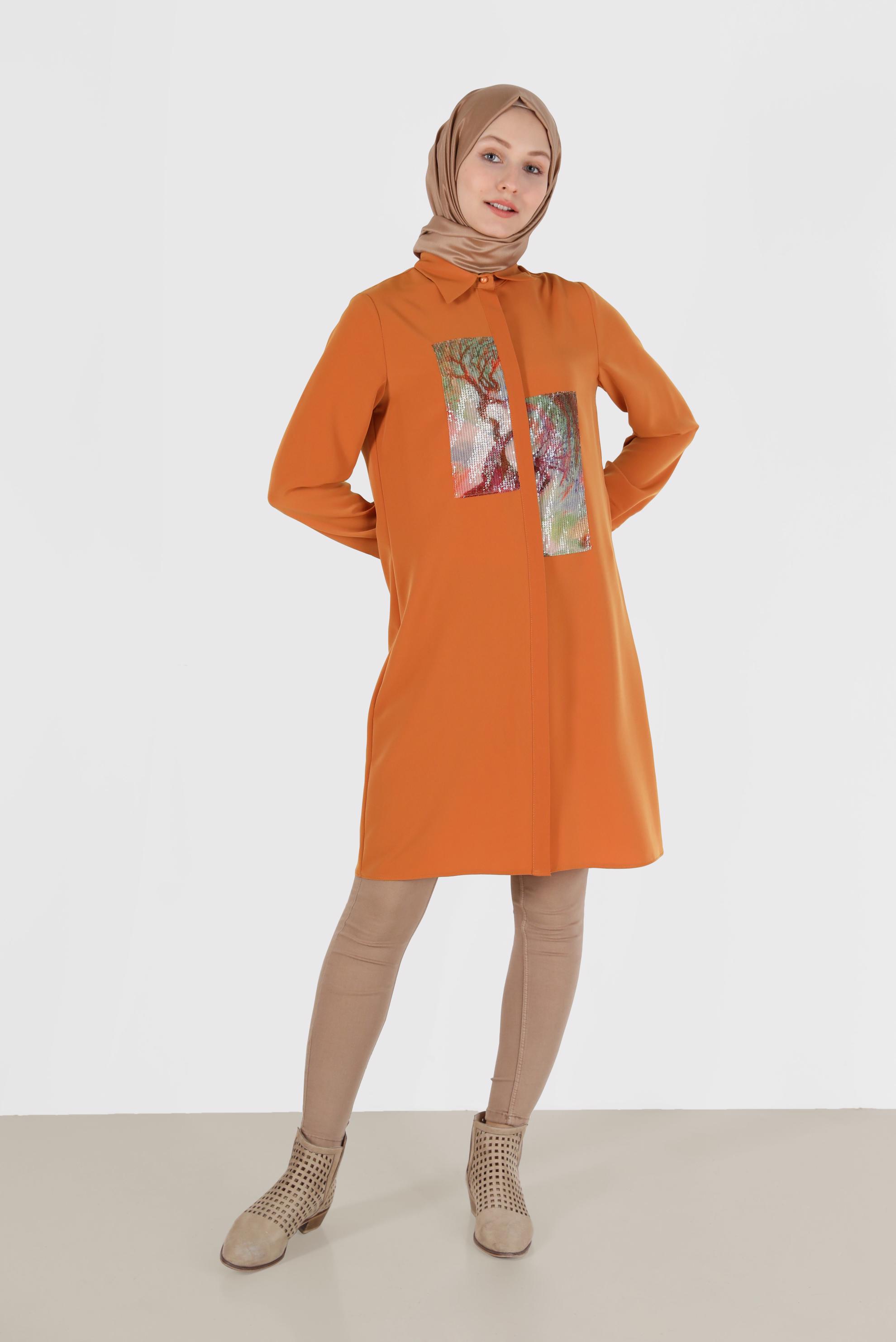 Tesettür giyim TURUNCU PUL PAYET DETAYLI DESENLİ TUNİK 42399 