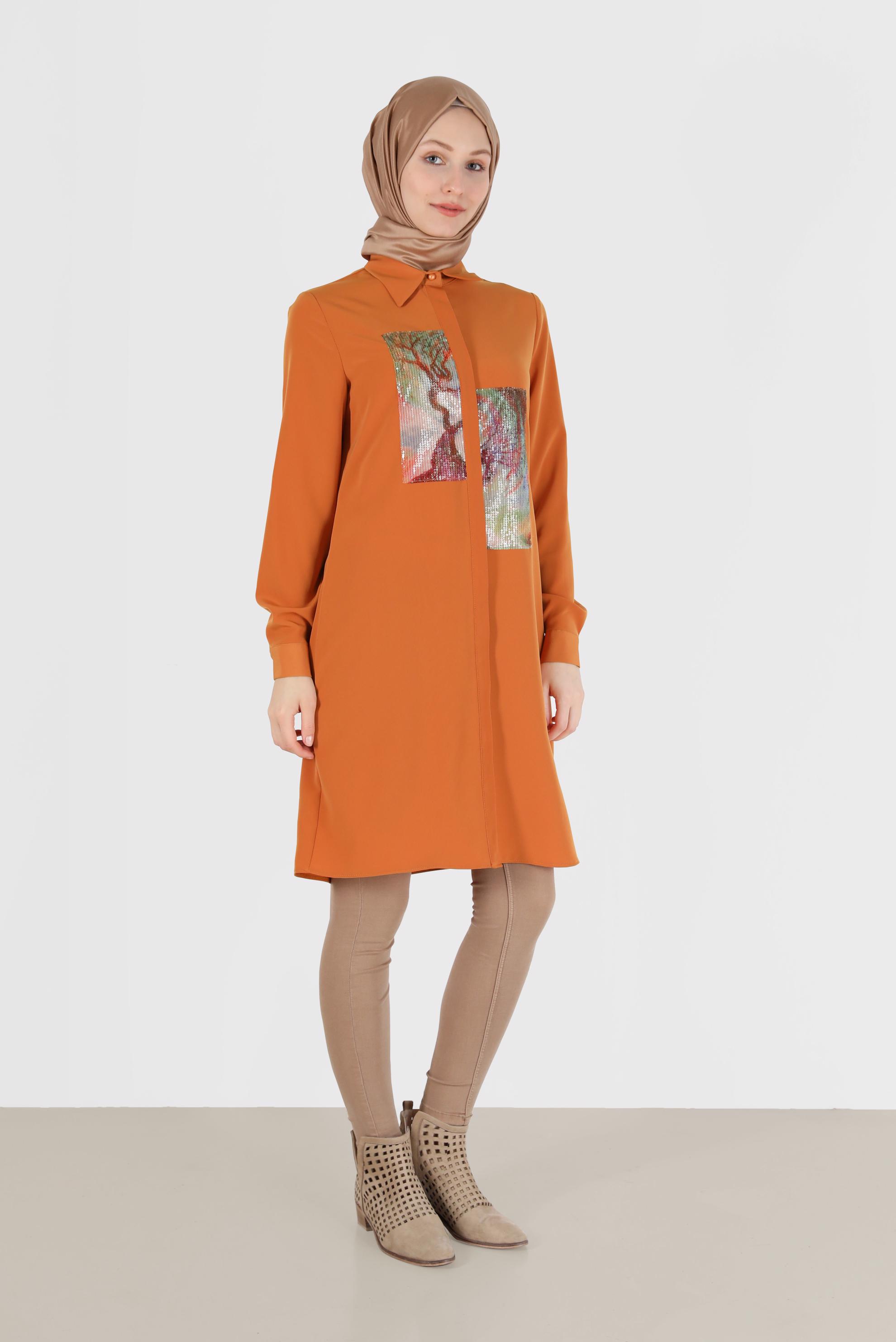 Tesettür giyim TURUNCU PUL PAYET DETAYLI DESENLİ TUNİK 42399 