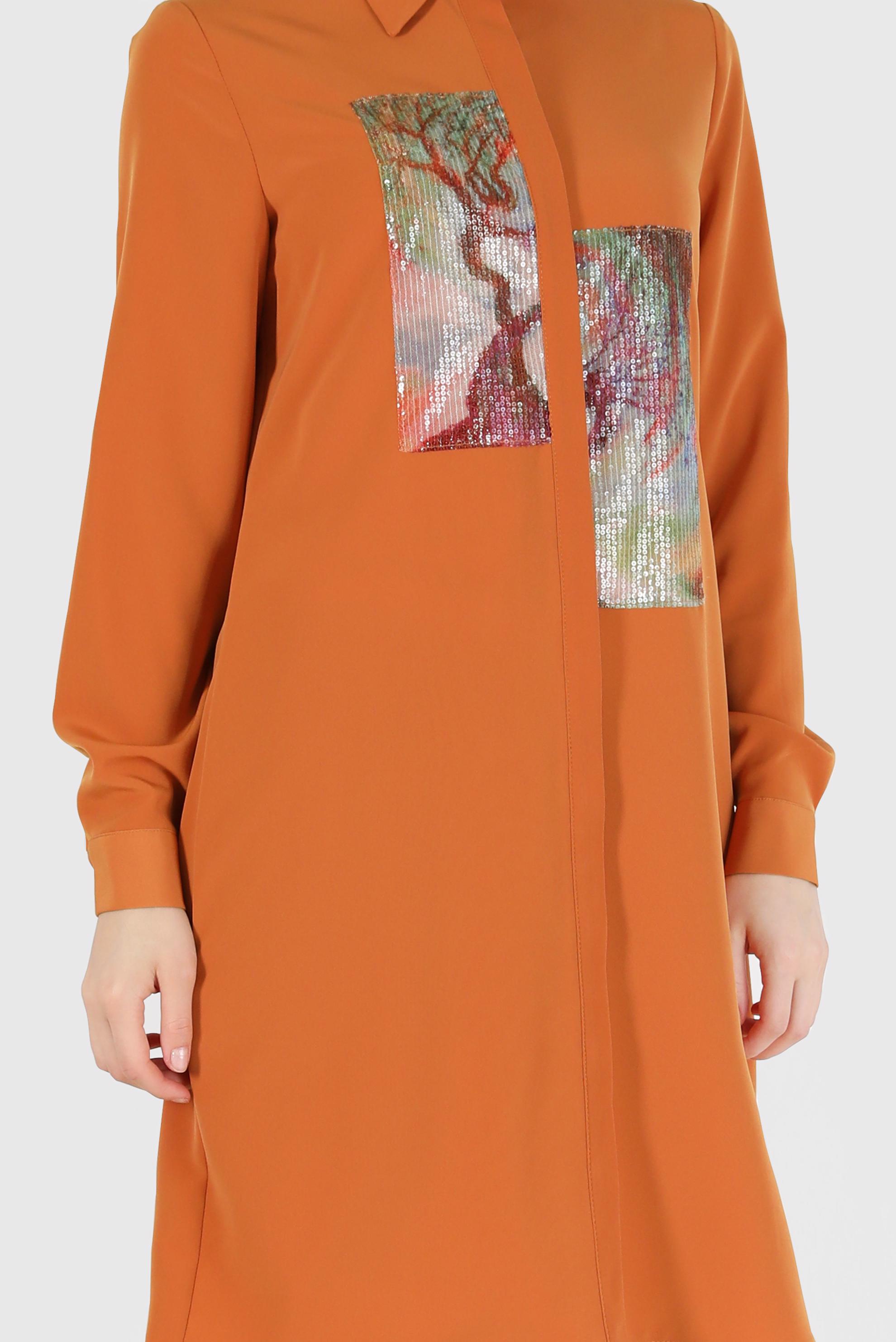 Tesettür giyim TURUNCU PUL PAYET DETAYLI DESENLİ TUNİK 42399 