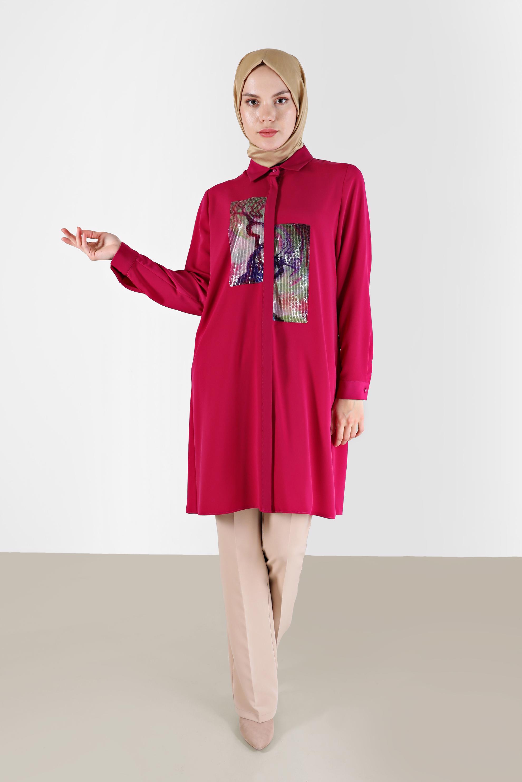 Tesettür giyim FUŞYA PUL PAYET DETAYLI DESENLİ TUNİK 42399 