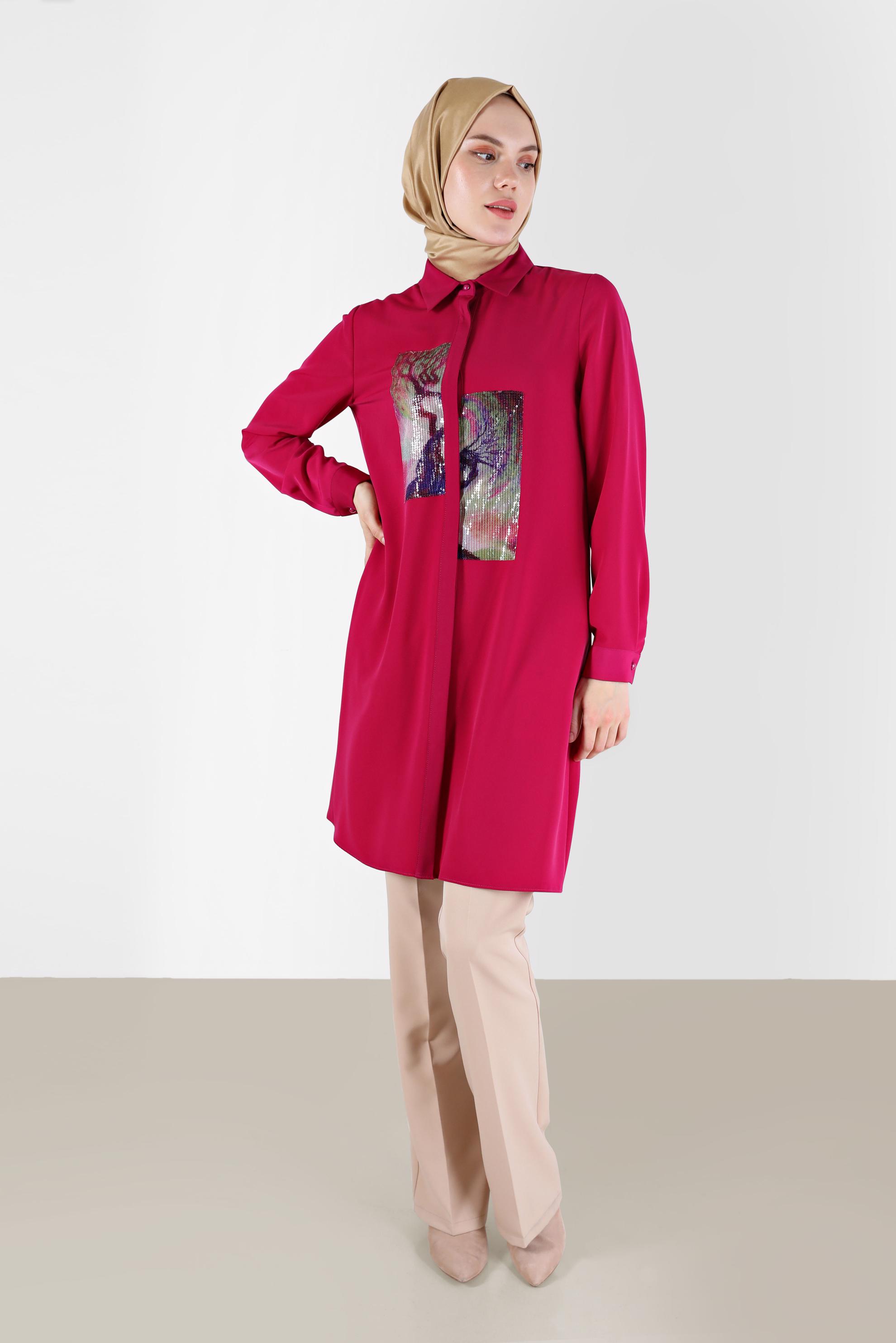 Tesettür giyim FUŞYA PUL PAYET DETAYLI DESENLİ TUNİK 42399 