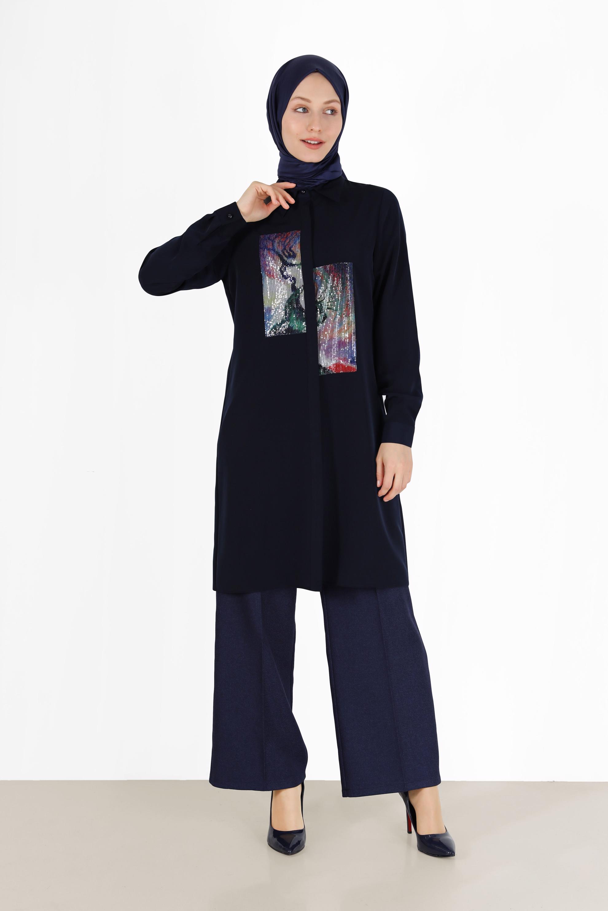 Tesettür giyim LACİVERT PUL PAYET DETAYLI DESENLİ TUNİK 42399 