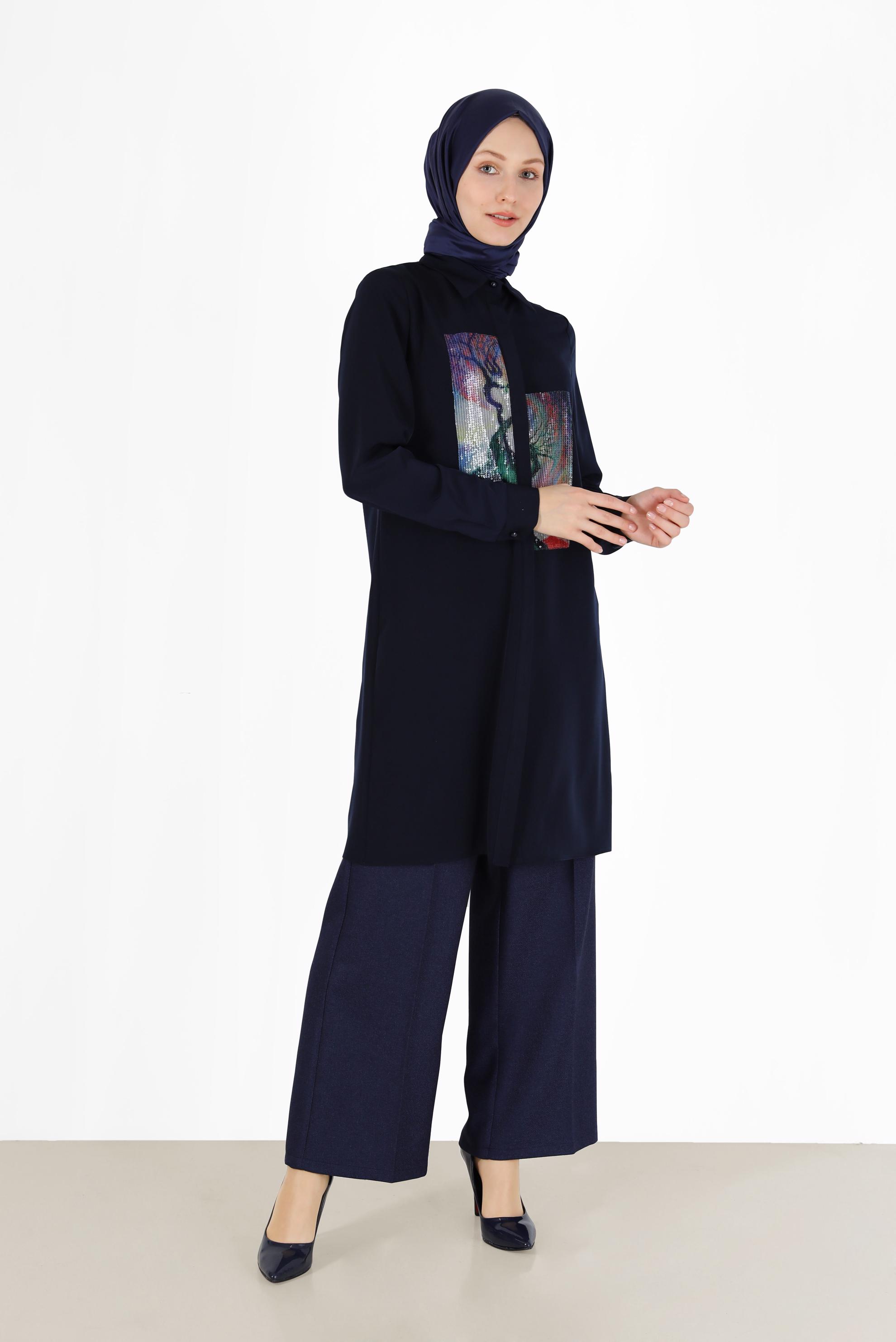 Tesettür giyim LACİVERT PUL PAYET DETAYLI DESENLİ TUNİK 42399 