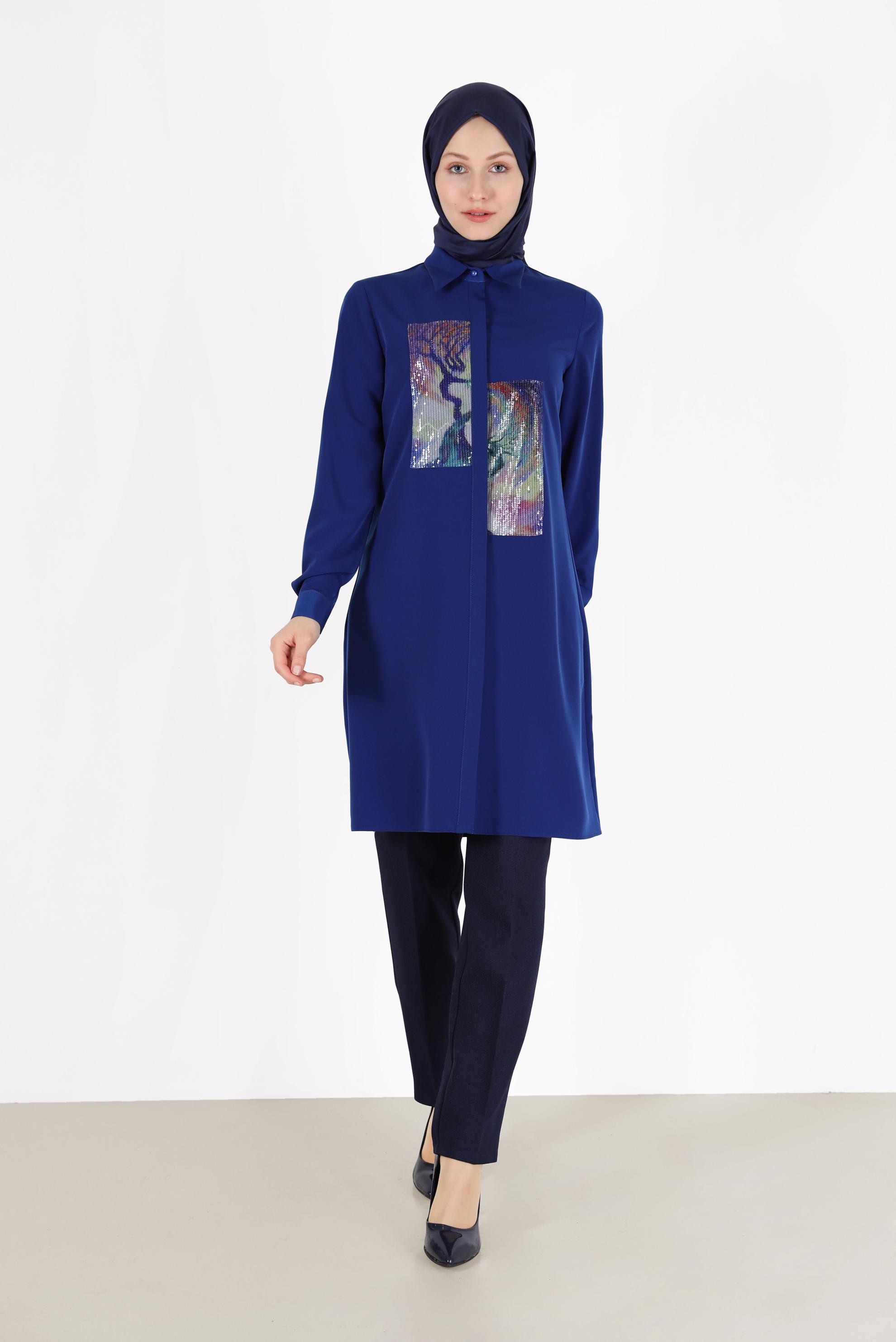 Tesettür giyim LACİVERT PUL PAYET DETAYLI DESENLİ TUNİK 42399 