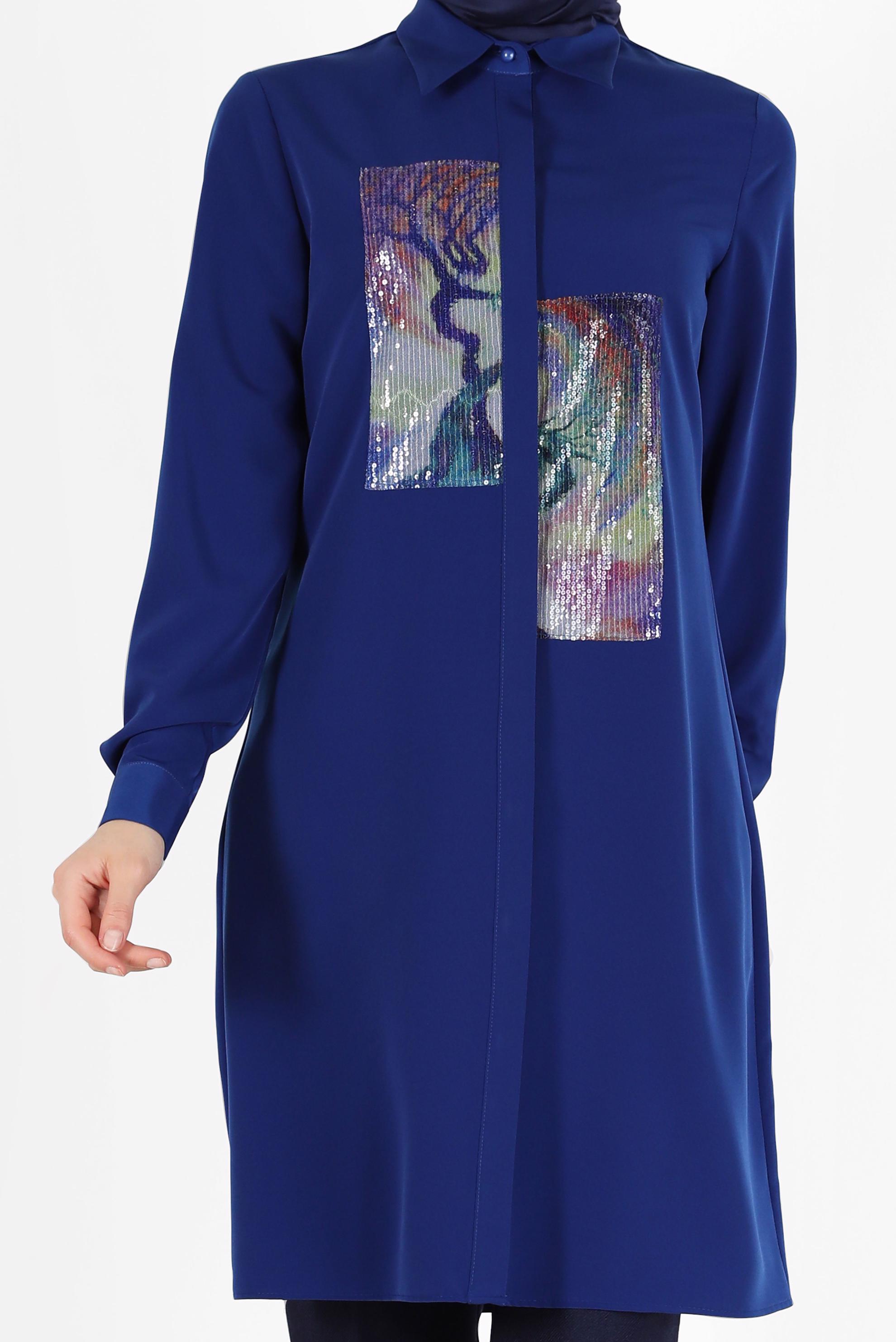 Tesettür giyim LACİVERT PUL PAYET DETAYLI DESENLİ TUNİK 42399 