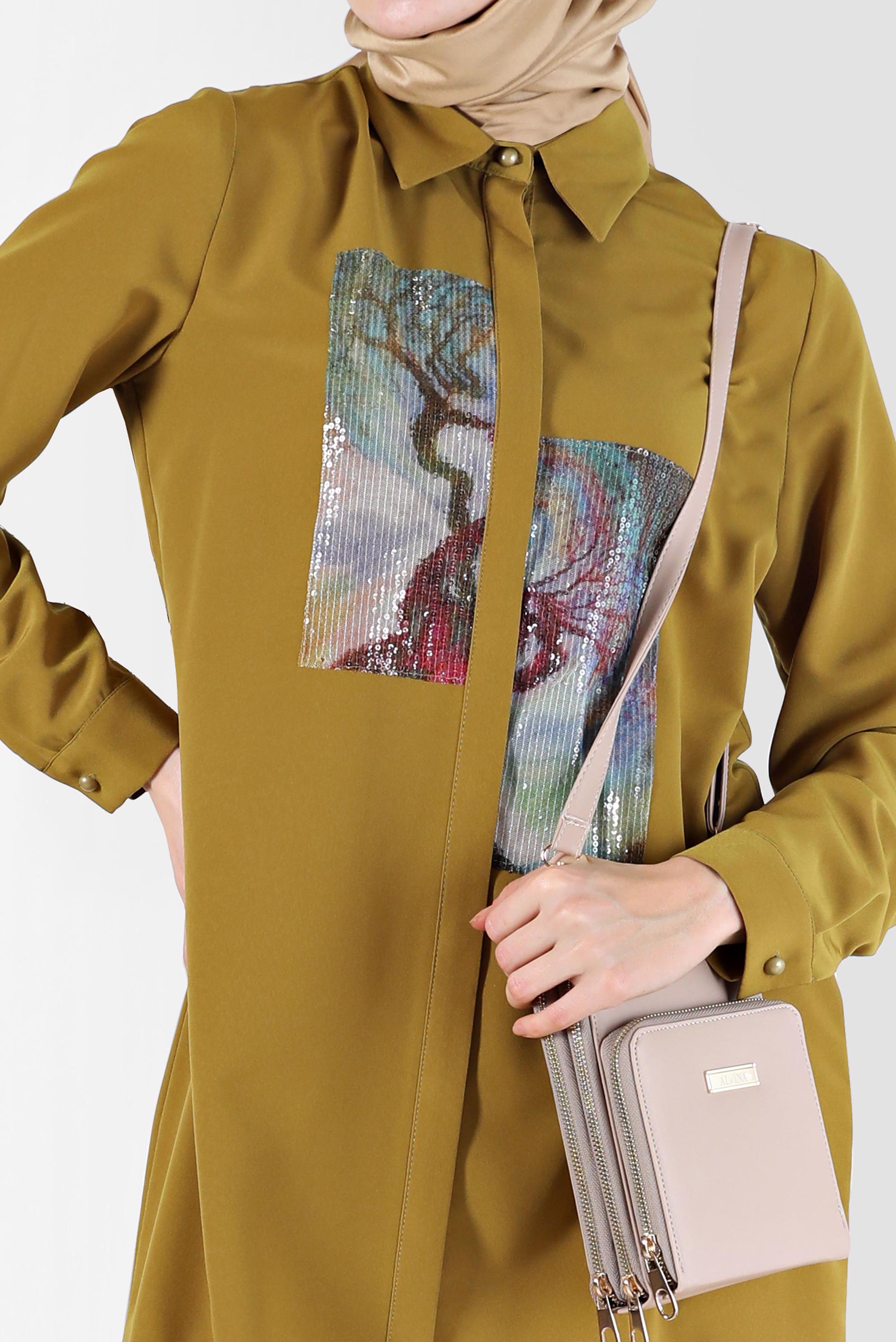 Tesettür giyim YEŞİL PUL PAYET DETAYLI DESENLİ TUNİK 42399 