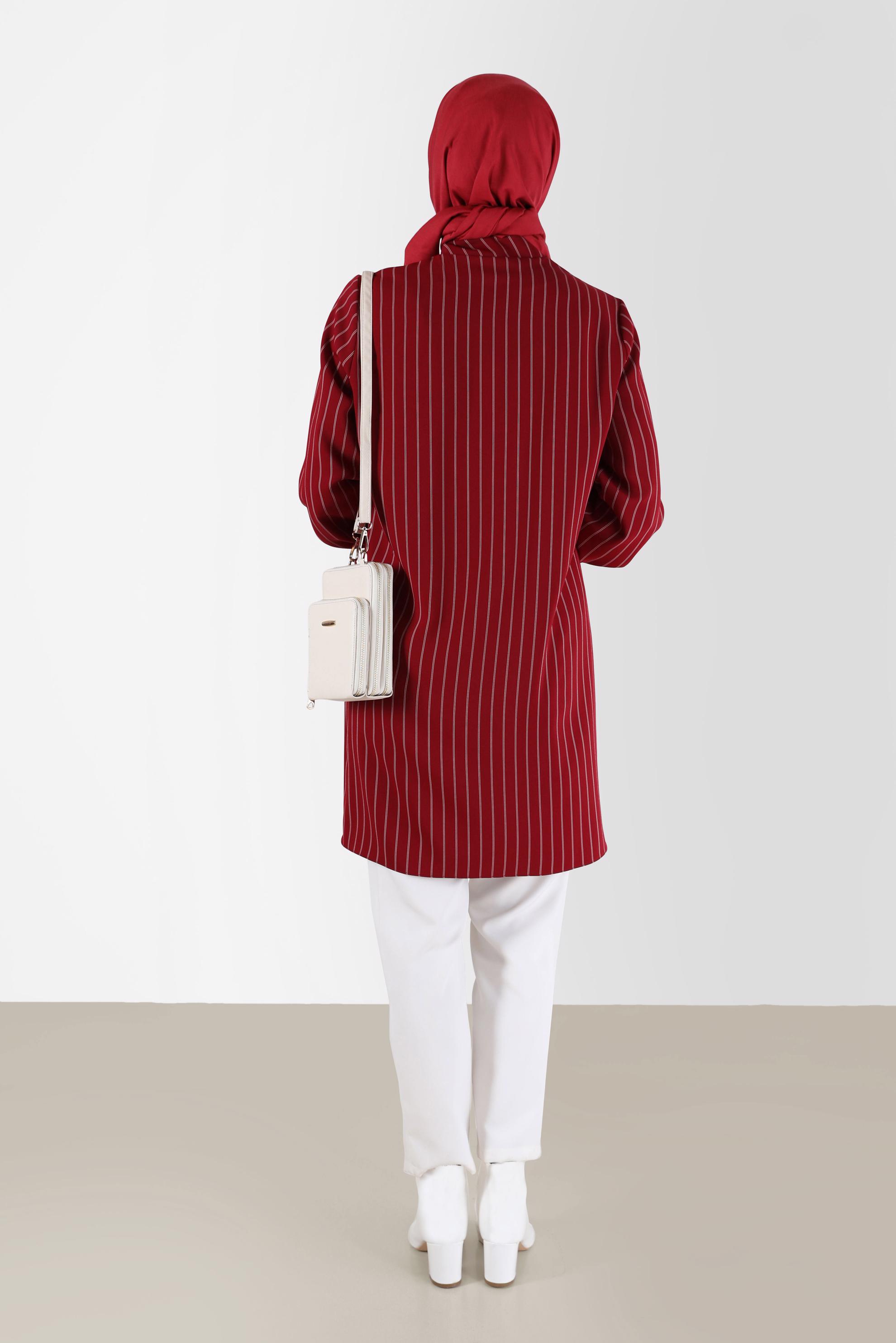 Tesettür giyim BORDO YAKASI FİYONK DETAYLI ÇİZGİLİ TUNİK 42400 