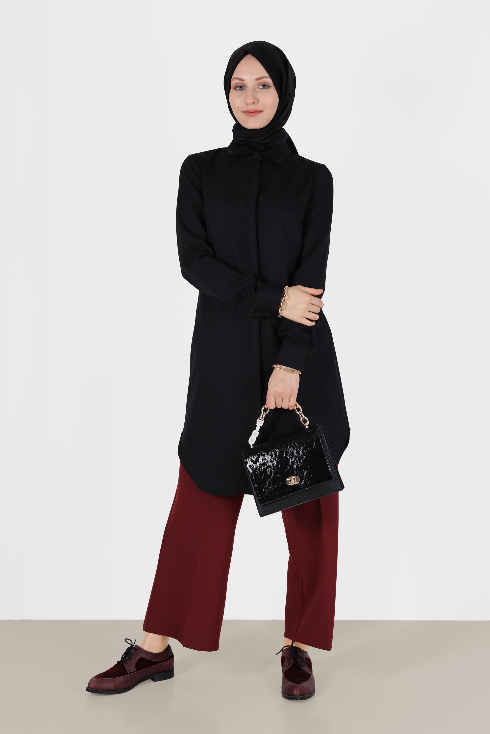 Tesettür giyim SİYAH GİZLİ DÜĞMELİ BASIC TUNİK 42403 