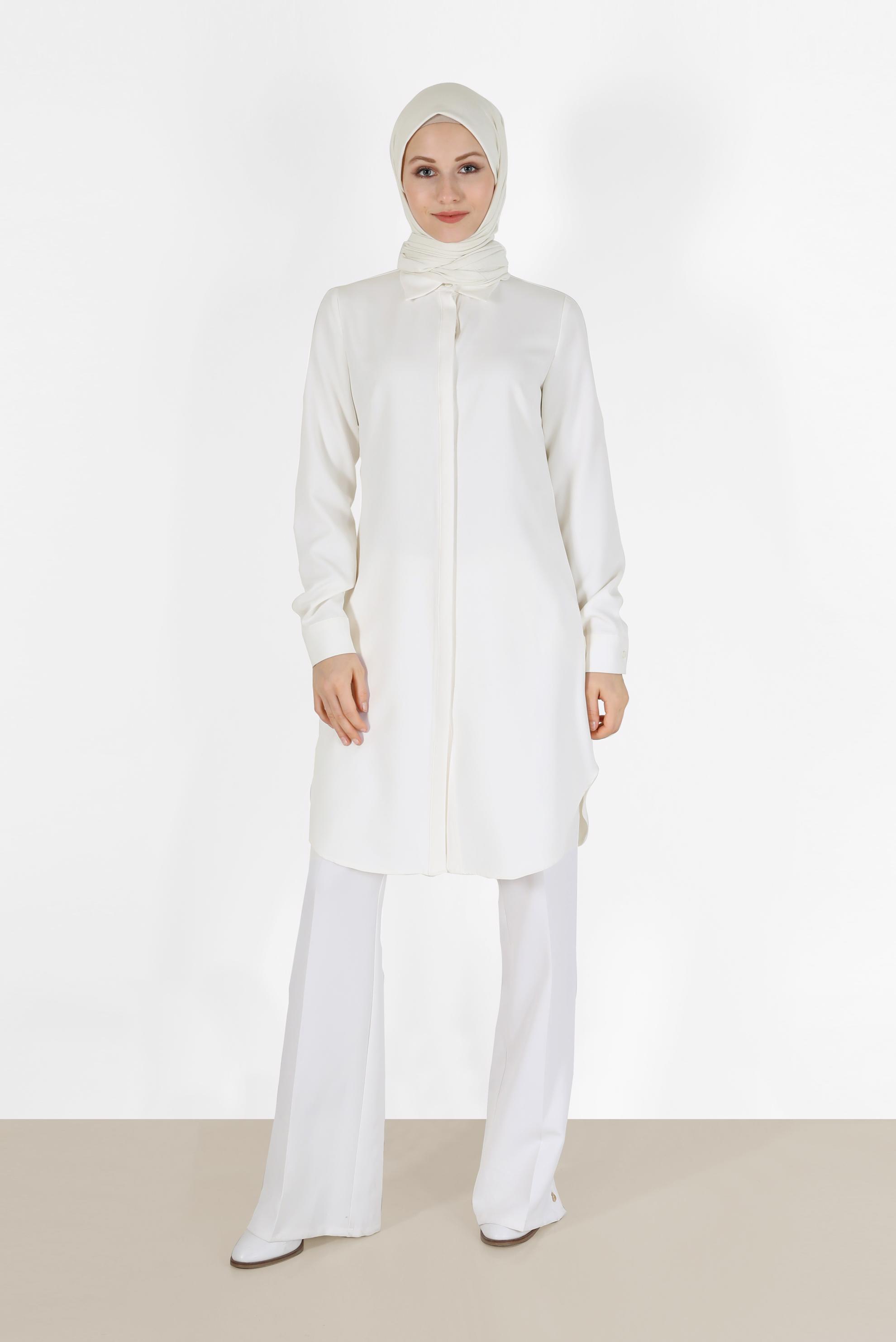 Tesettür giyim BEYAZ GİZLİ DÜĞMELİ BASIC TUNİK 42403 