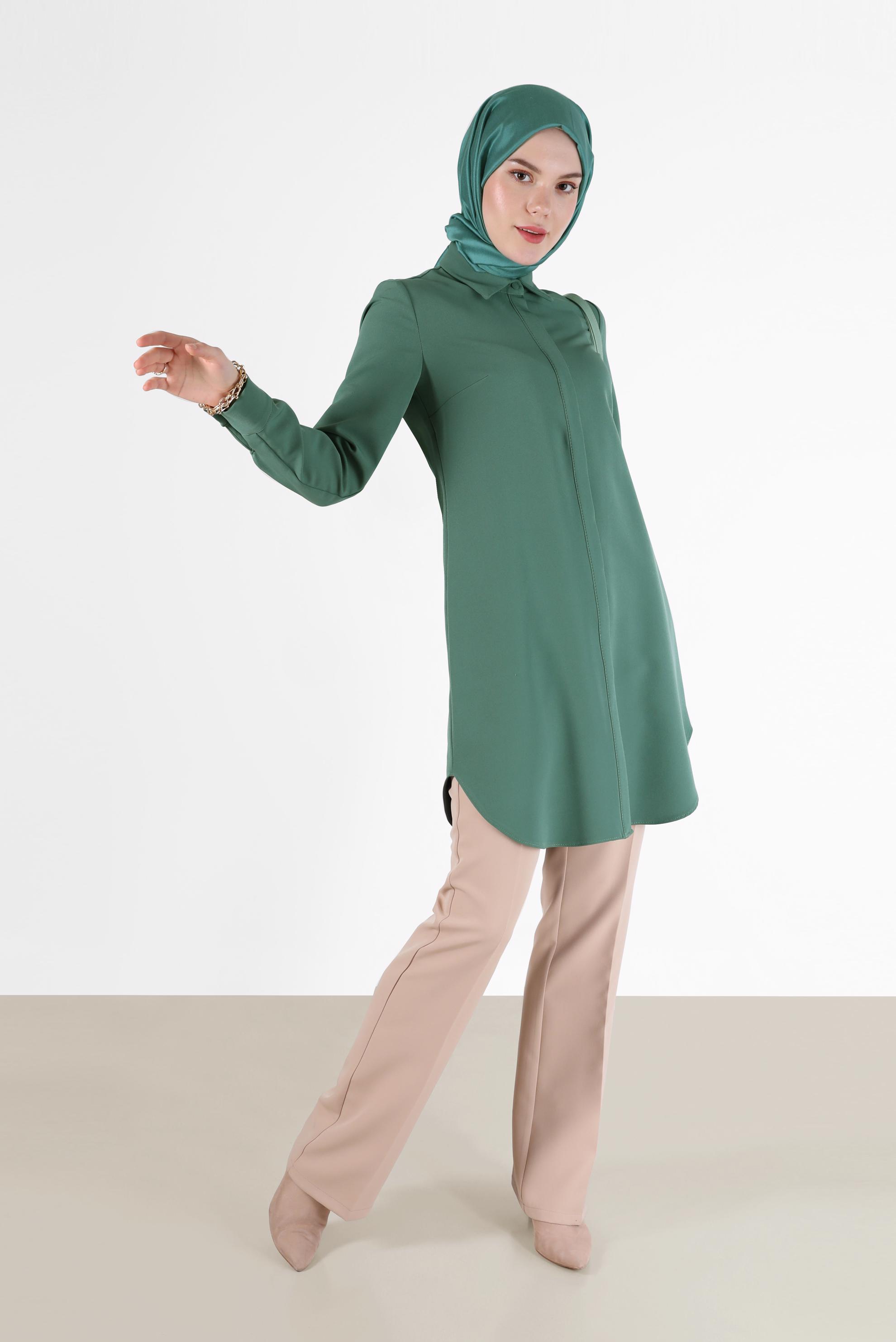 Tesettür giyim YEŞİL GİZLİ DÜĞMELİ BASIC TUNİK 42403 