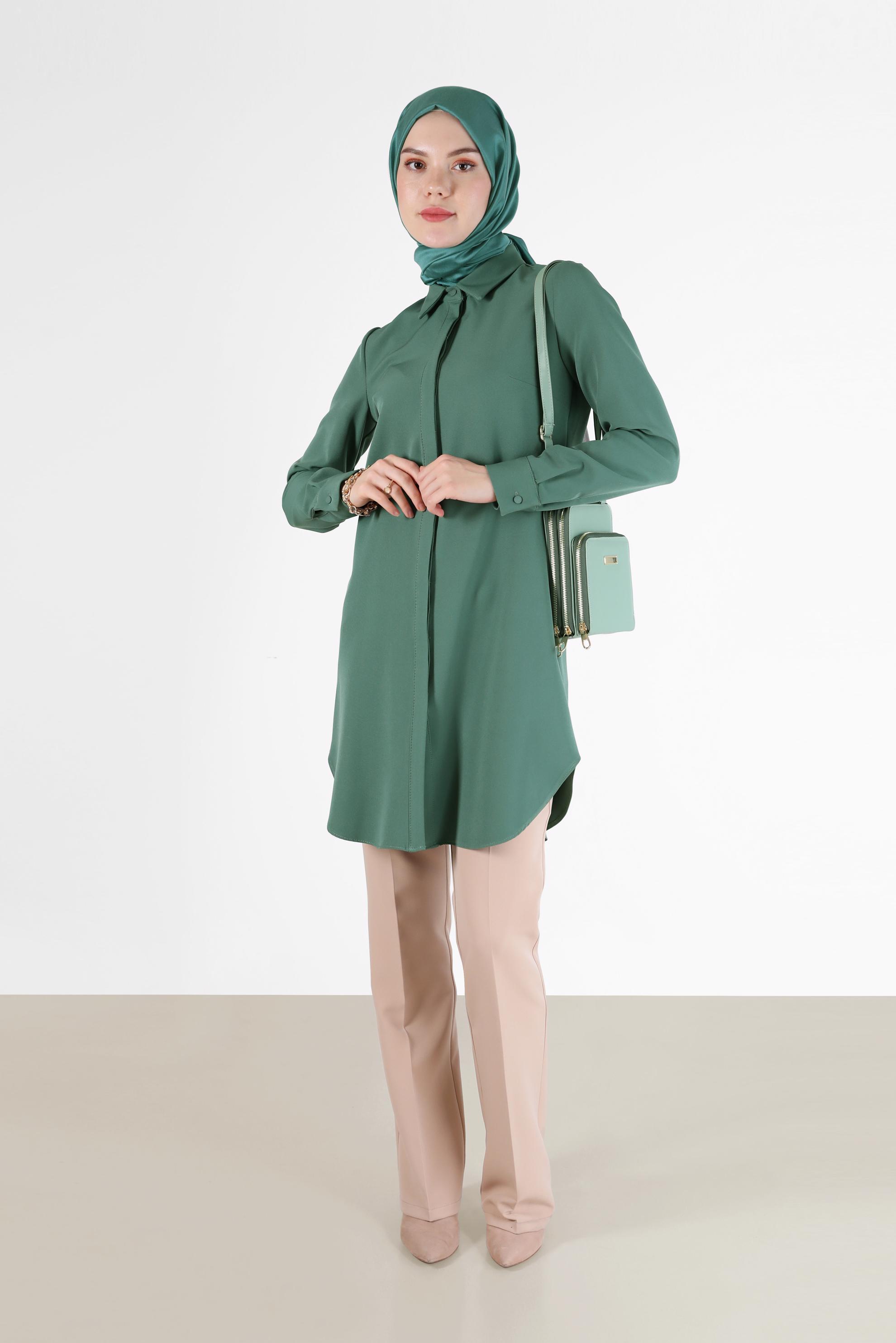 Tesettür giyim YEŞİL GİZLİ DÜĞMELİ BASIC TUNİK 42403 