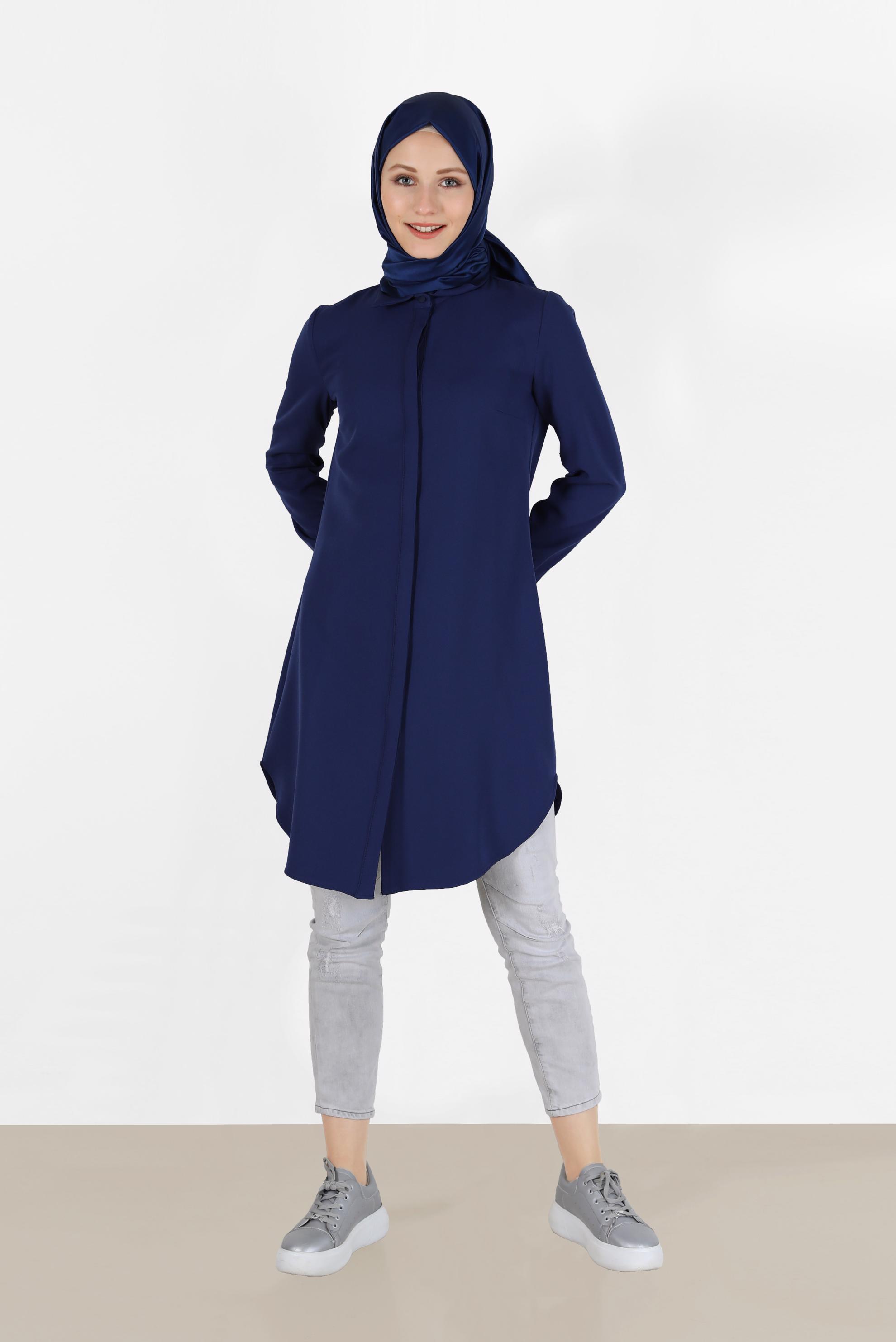 Tesettür giyim LACİVERT GİZLİ DÜĞMELİ BASIC TUNİK 42403 