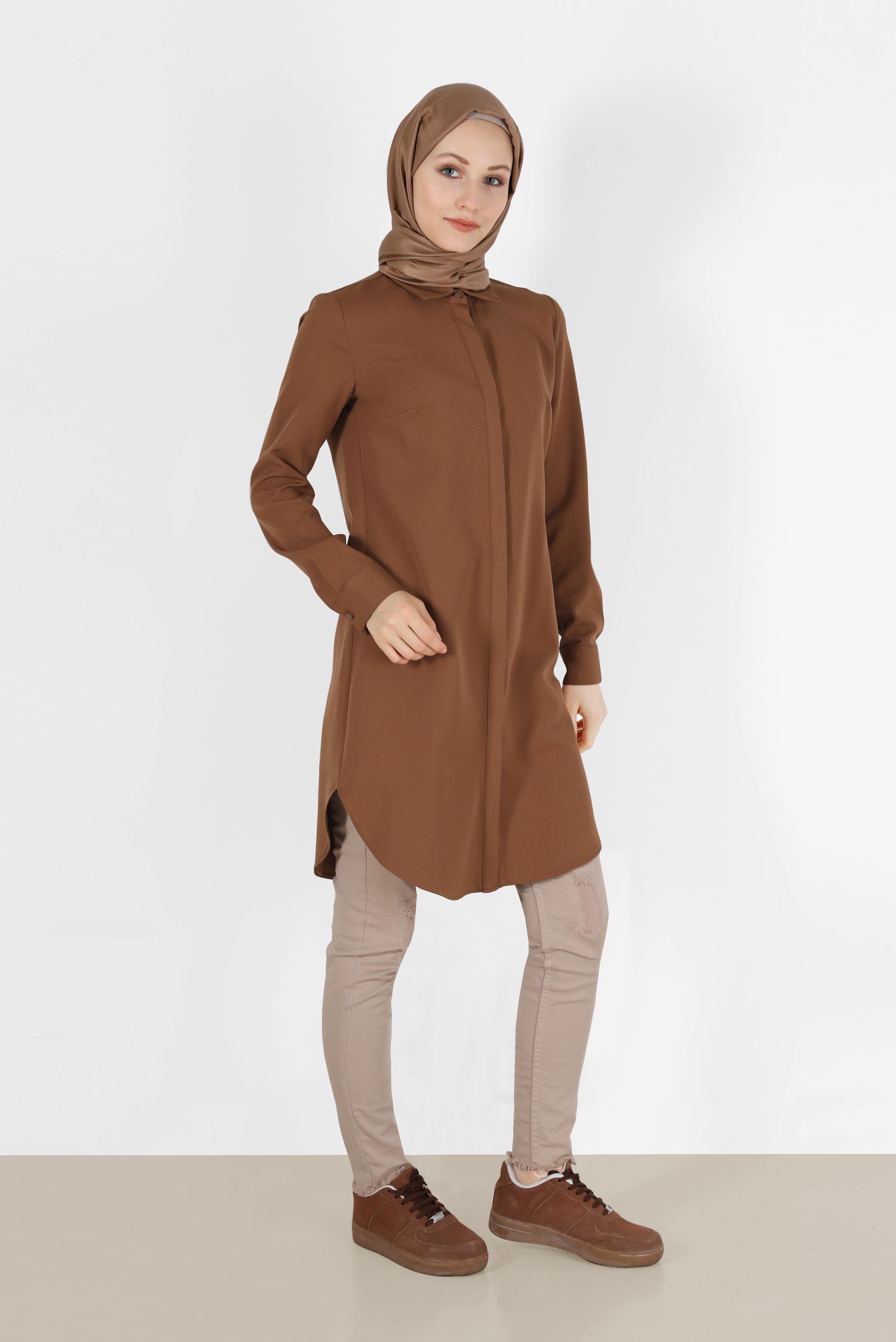 Tesettür giyim KAHVE GİZLİ DÜĞMELİ BASIC TUNİK 42403 
