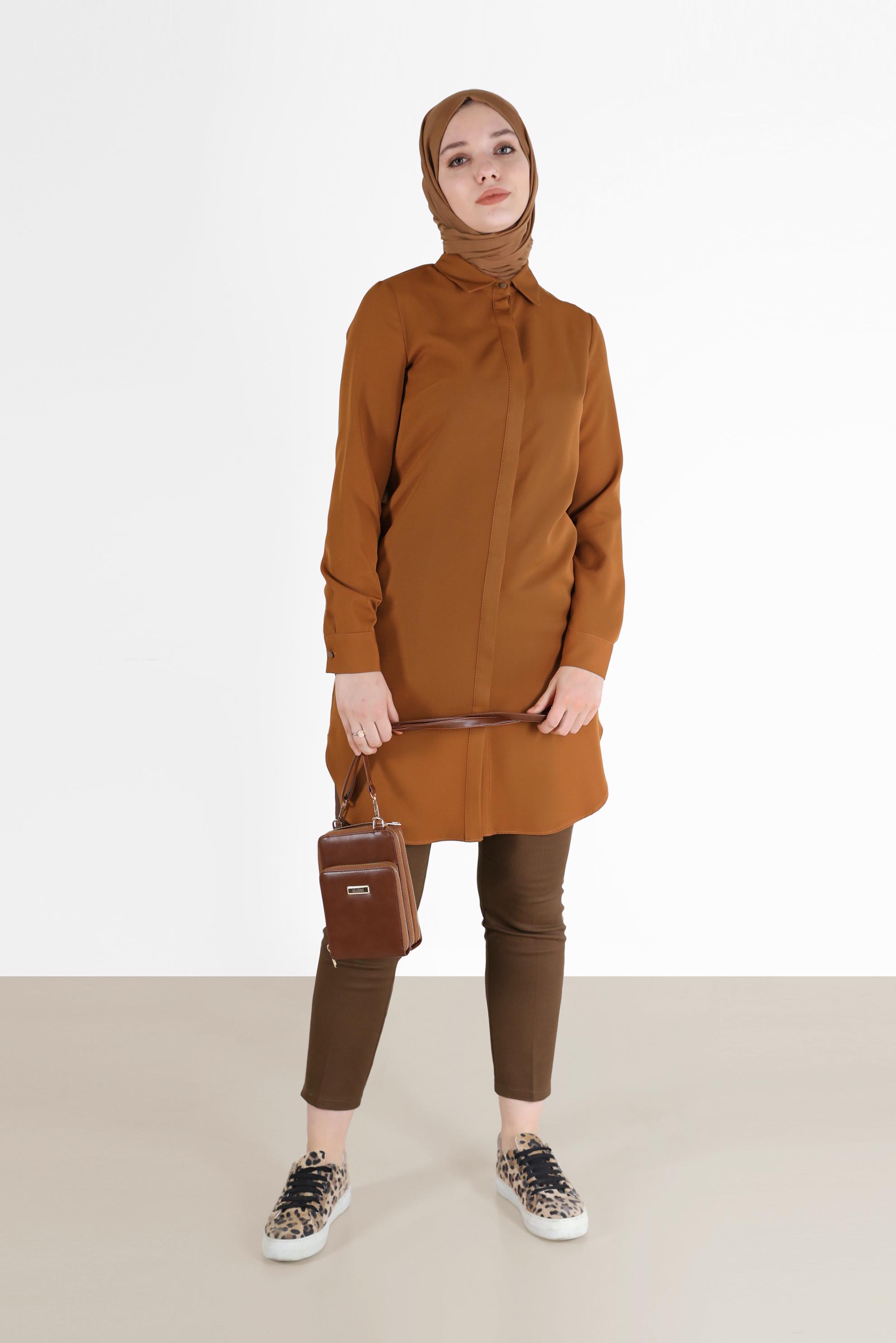 Tesettür giyim KAHVE GİZLİ DÜĞMELİ BASIC TUNİK 42403 