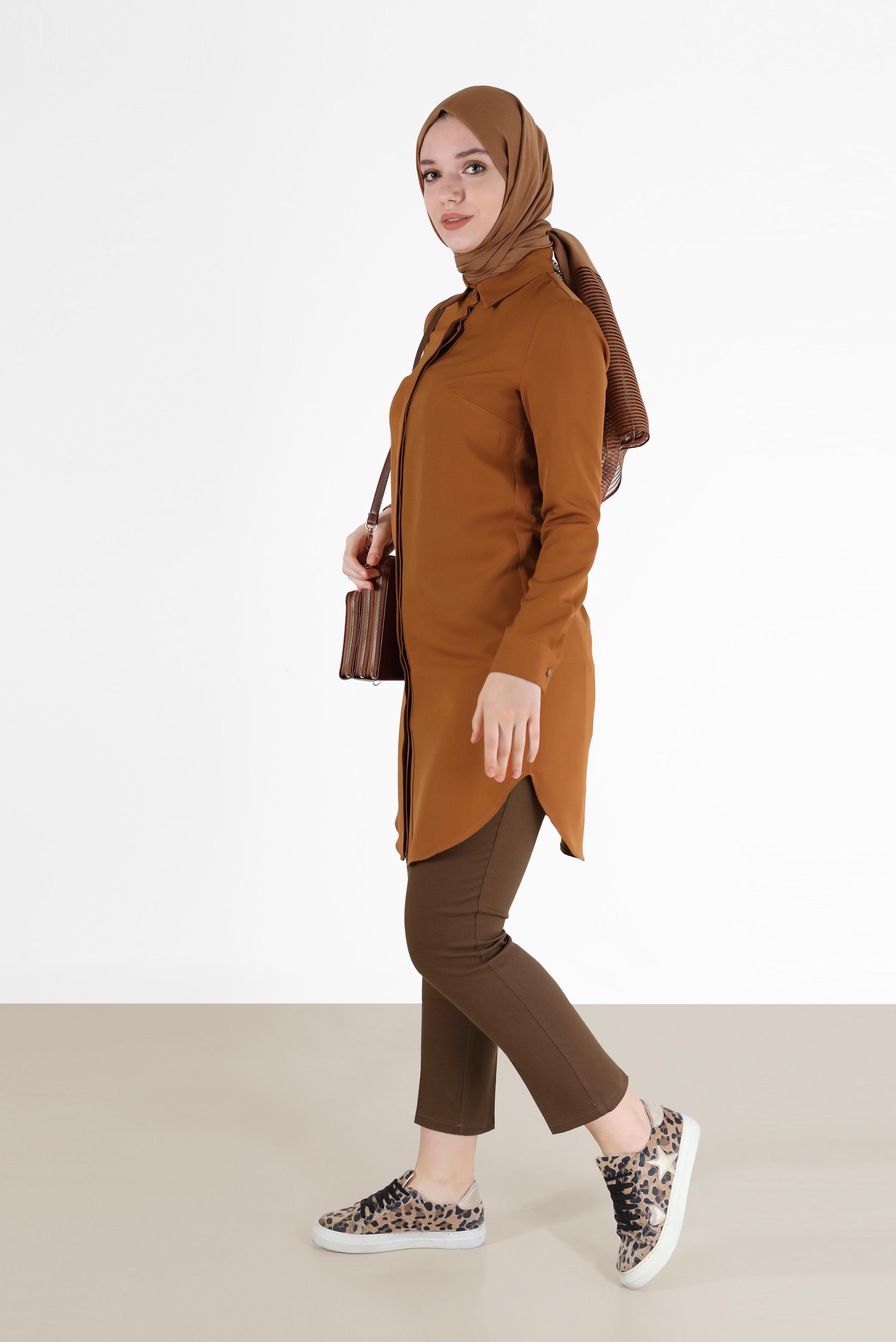 Tesettür giyim KAHVE GİZLİ DÜĞMELİ BASIC TUNİK 42403 