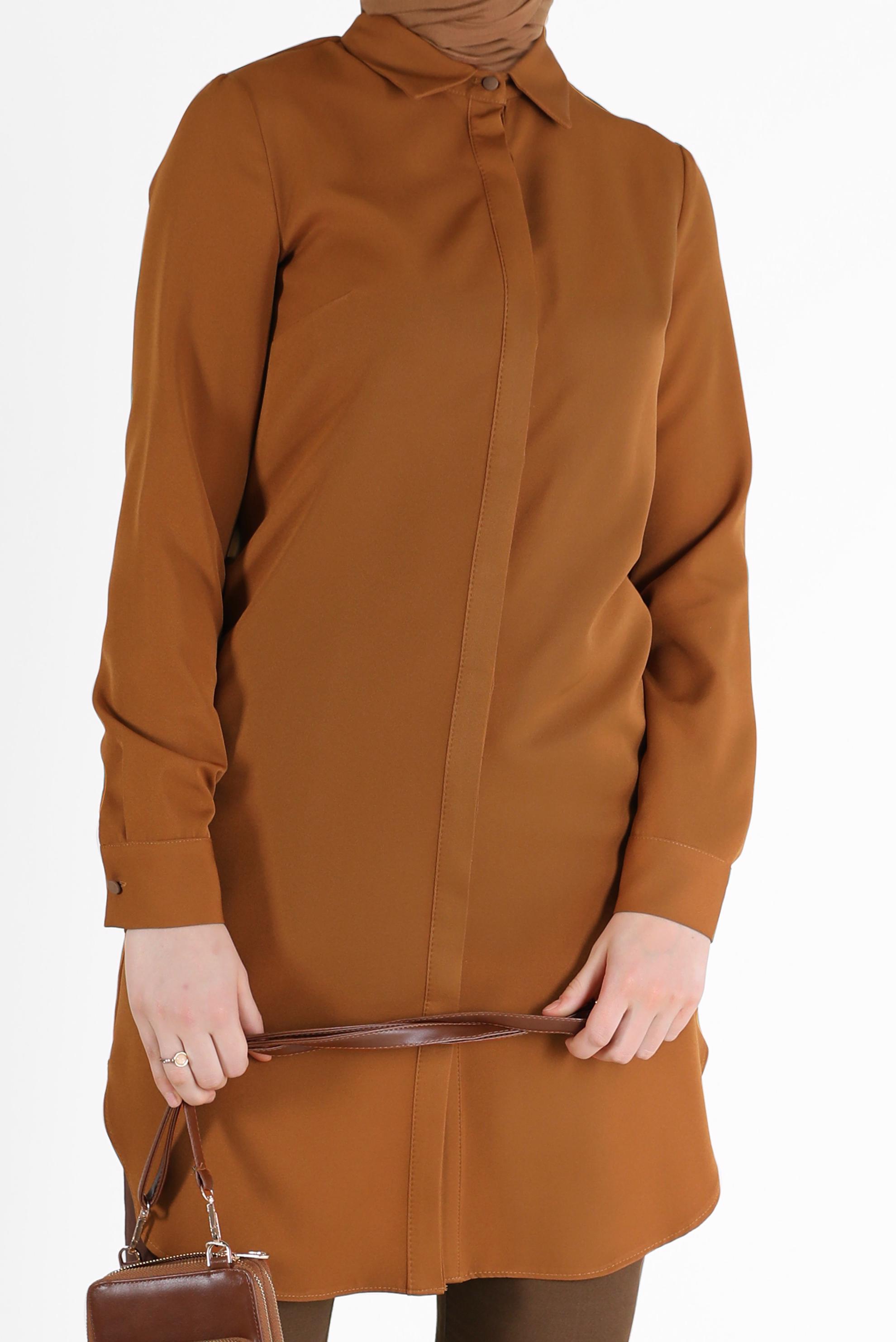 Tesettür giyim KAHVE GİZLİ DÜĞMELİ BASIC TUNİK 42403 