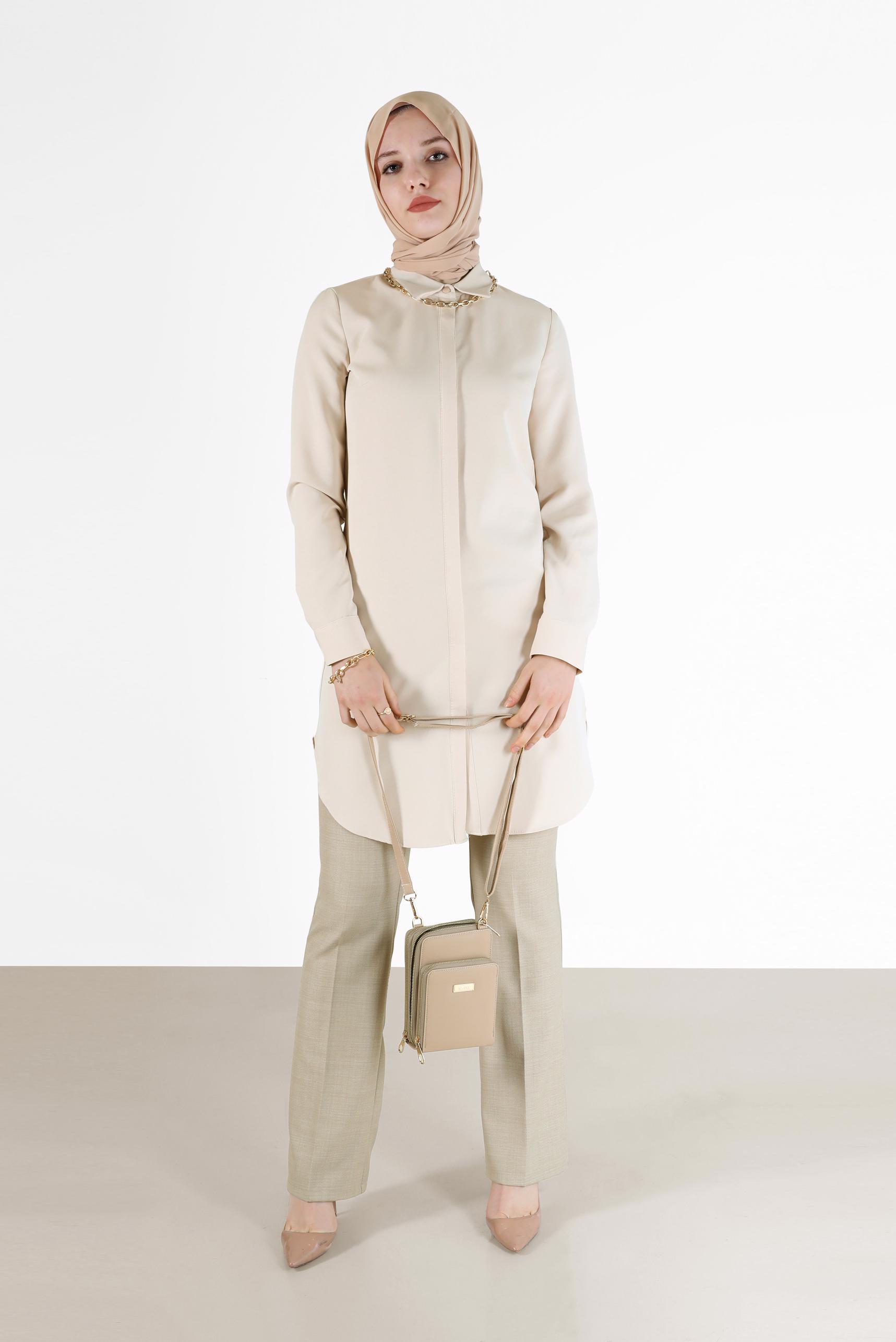 Tesettür giyim EKRU GİZLİ DÜĞMELİ BASIC TUNİK 42403 