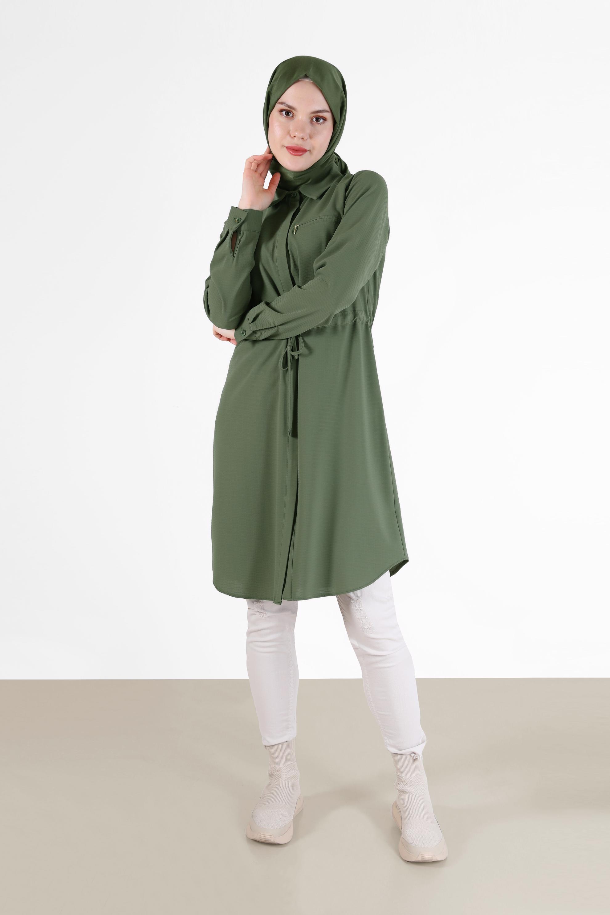 Tesettür giyim HAKİ BELİ BÜZGÜLÜ GİZLİ DÜĞMELİ TUNİK 42404 