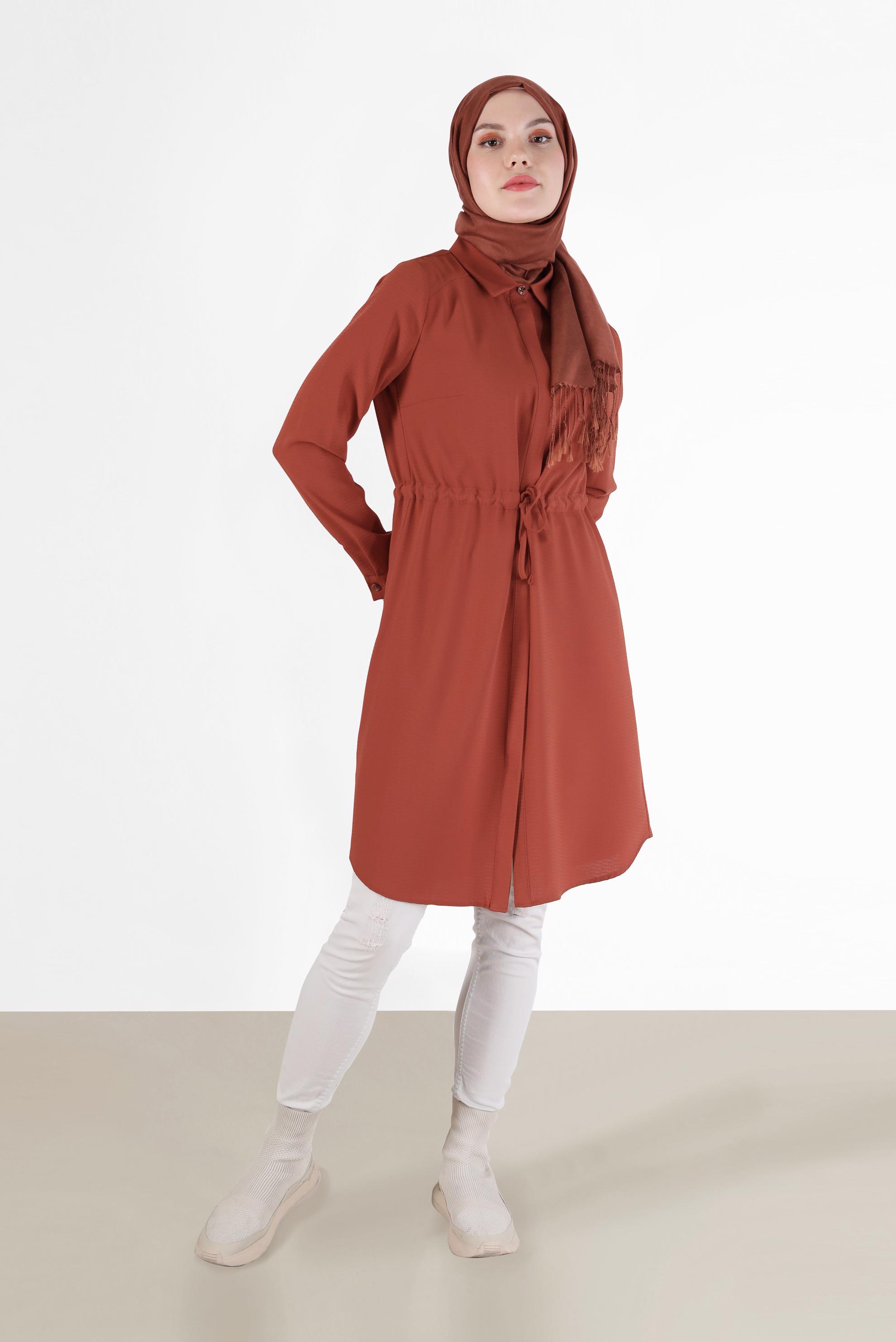 Tesettür giyim TURUNCU BELİ BÜZGÜLÜ GİZLİ DÜĞMELİ TUNİK 42404 