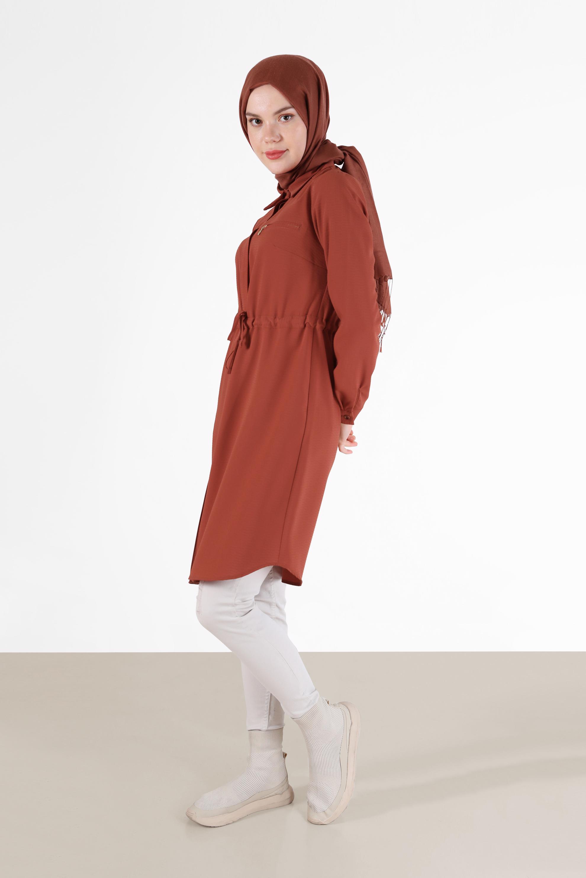 Tesettür giyim TURUNCU BELİ BÜZGÜLÜ GİZLİ DÜĞMELİ TUNİK 42404 