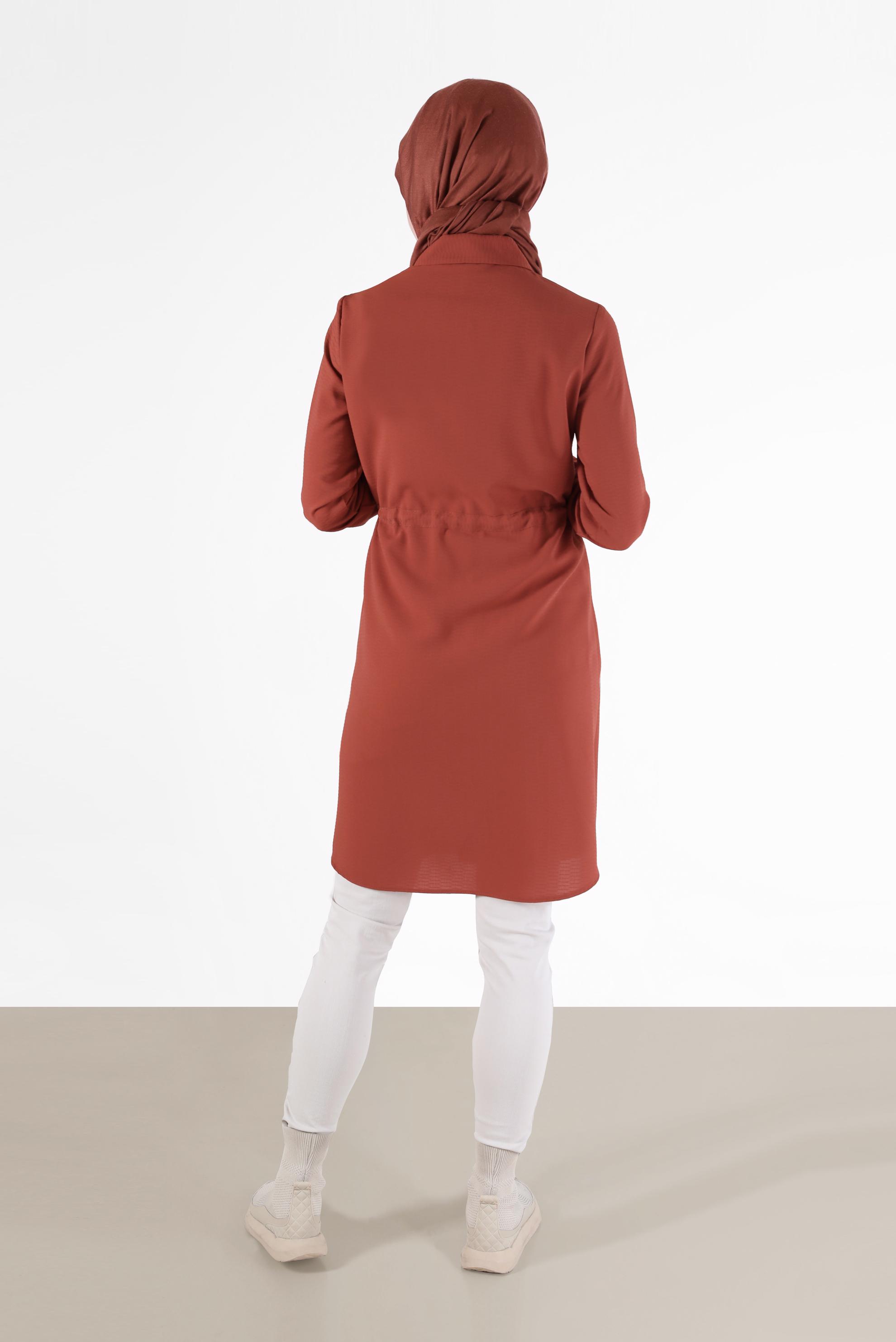 Tesettür giyim TURUNCU BELİ BÜZGÜLÜ GİZLİ DÜĞMELİ TUNİK 42404 