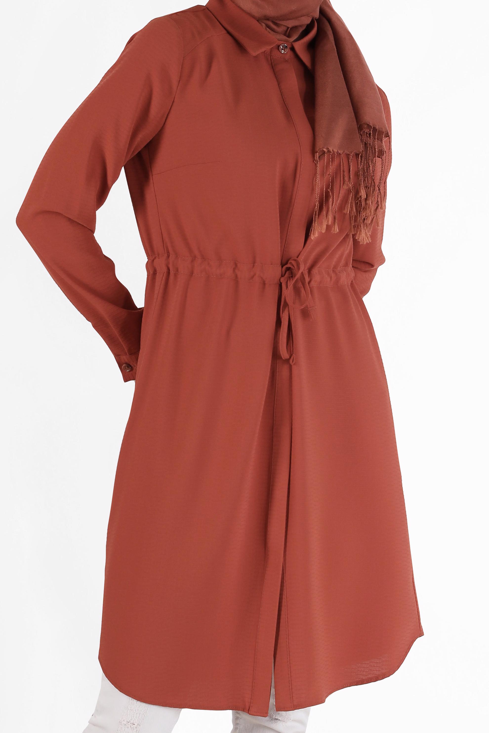 Tesettür giyim TURUNCU BELİ BÜZGÜLÜ GİZLİ DÜĞMELİ TUNİK 42404 