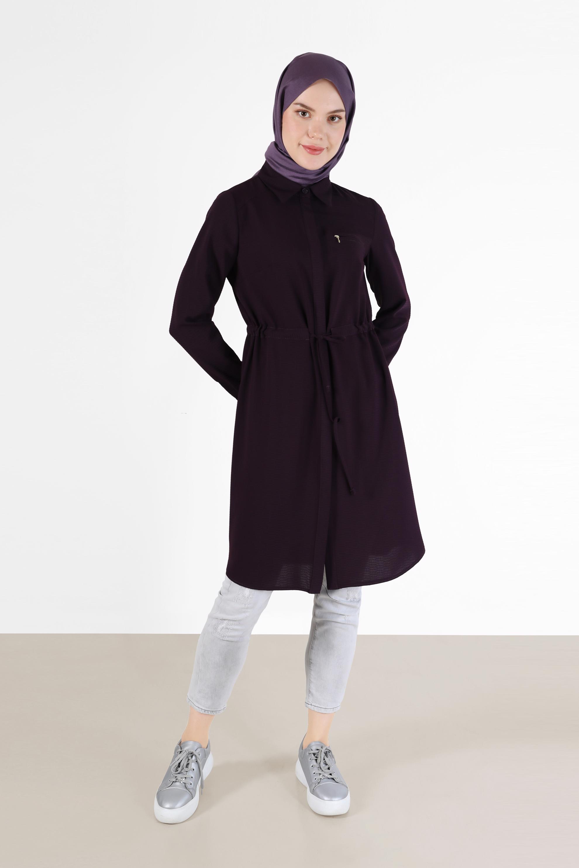 Tesettür giyim MÜRDÜM BELİ BÜZGÜLÜ GİZLİ DÜĞMELİ TUNİK 42404 