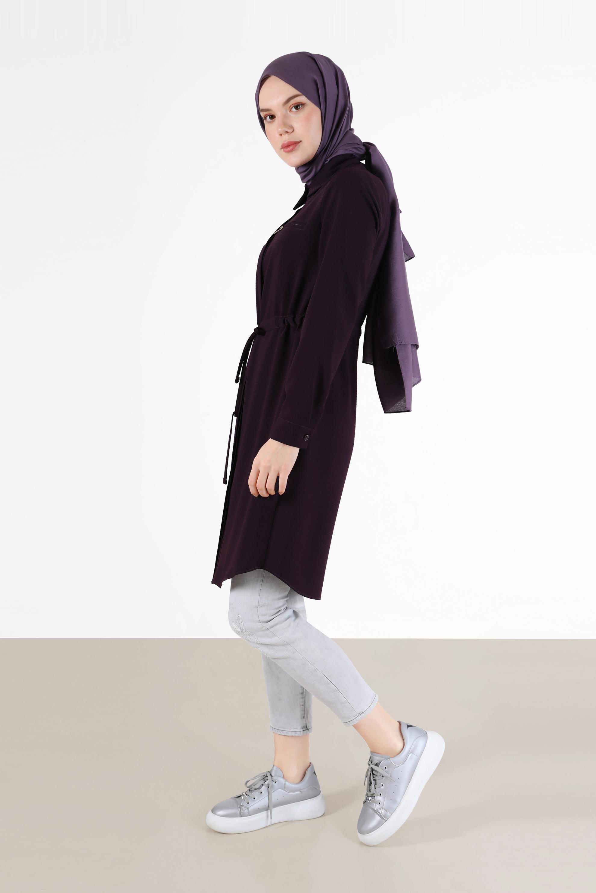 Tesettür giyim MÜRDÜM BELİ BÜZGÜLÜ GİZLİ DÜĞMELİ TUNİK 42404 